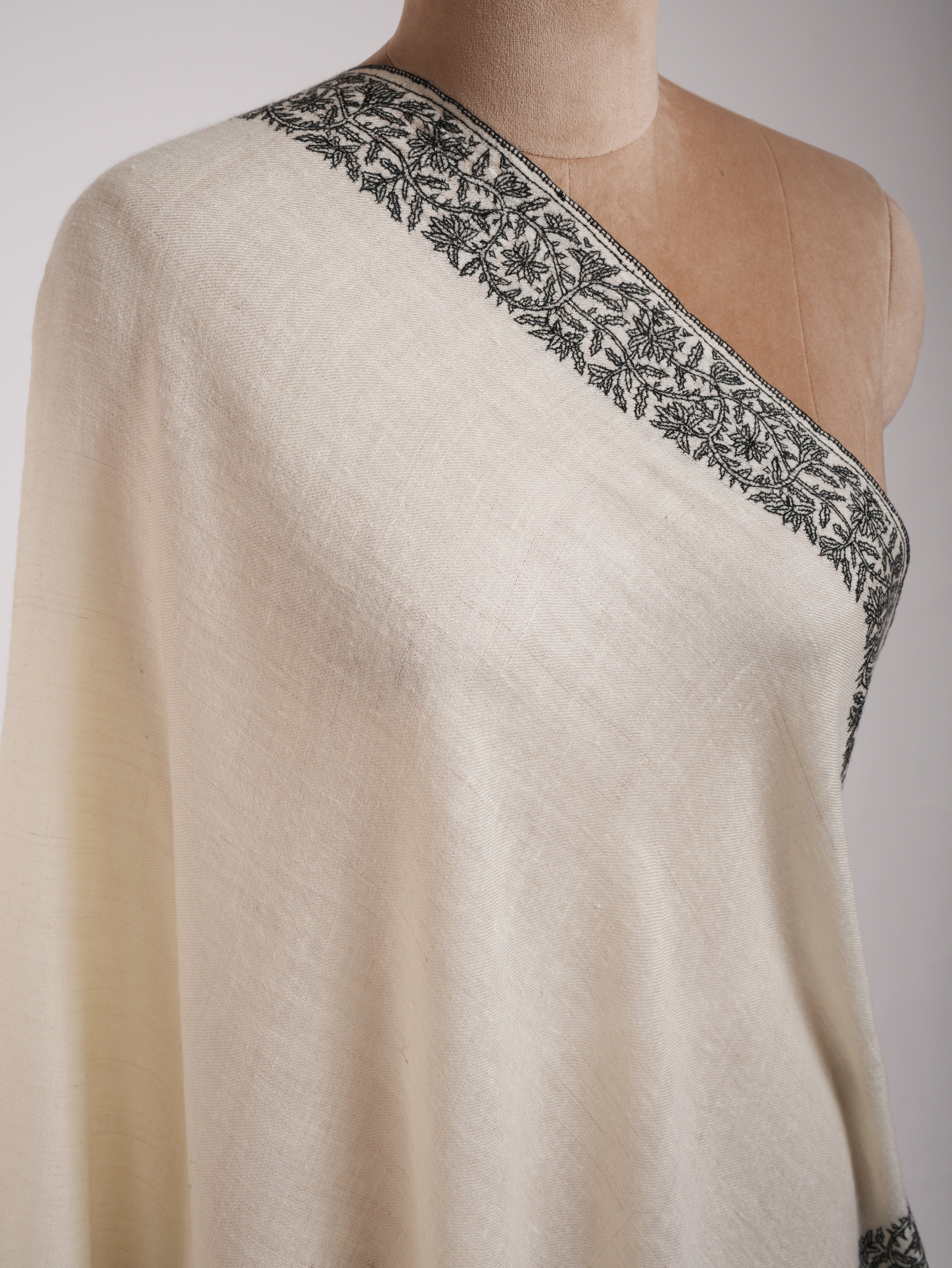 Ivory Cashmere Scarf in Black Sozni Embroidery