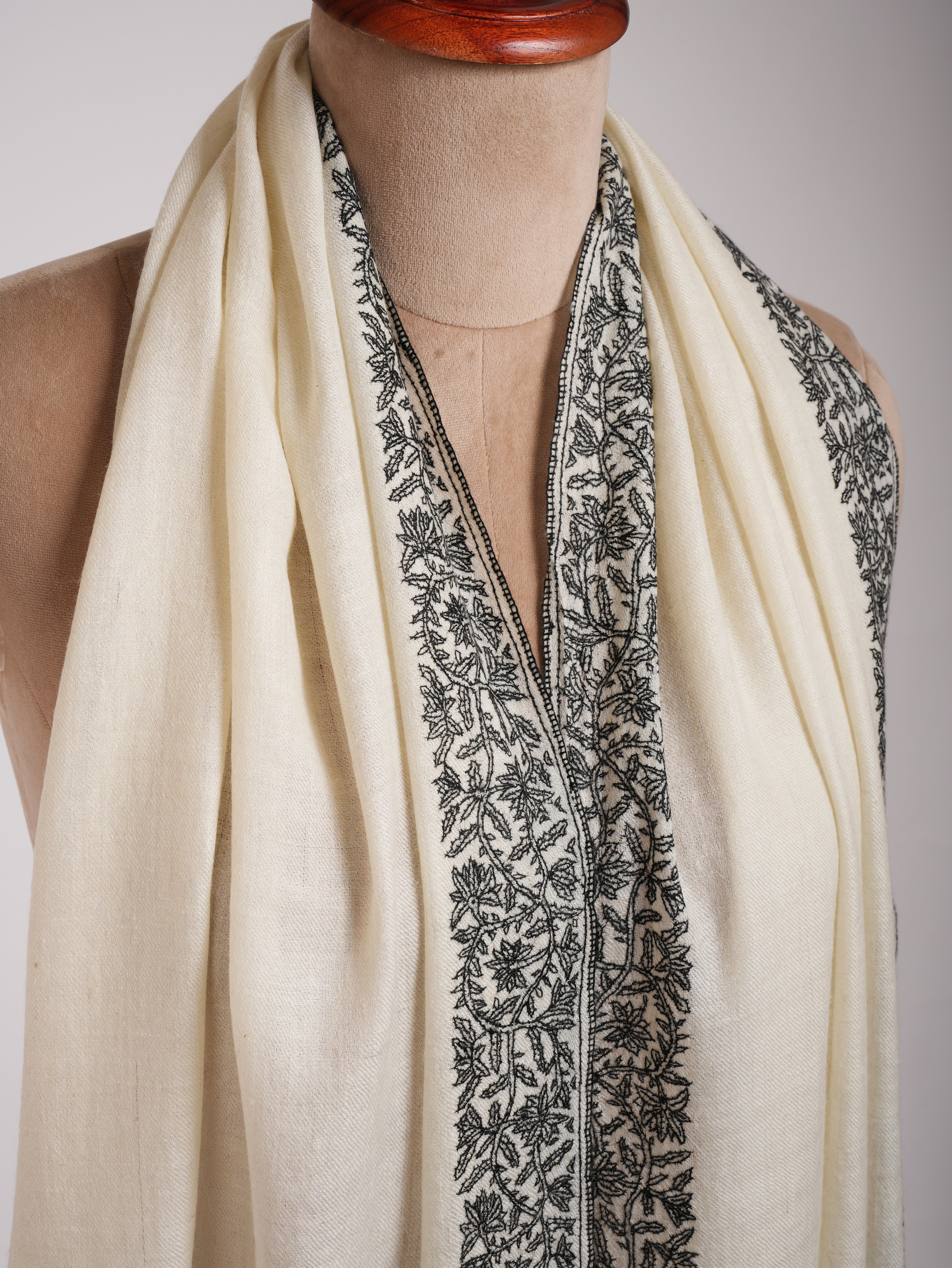 Ivory Cashmere Scarf in Black Sozni Embroidery