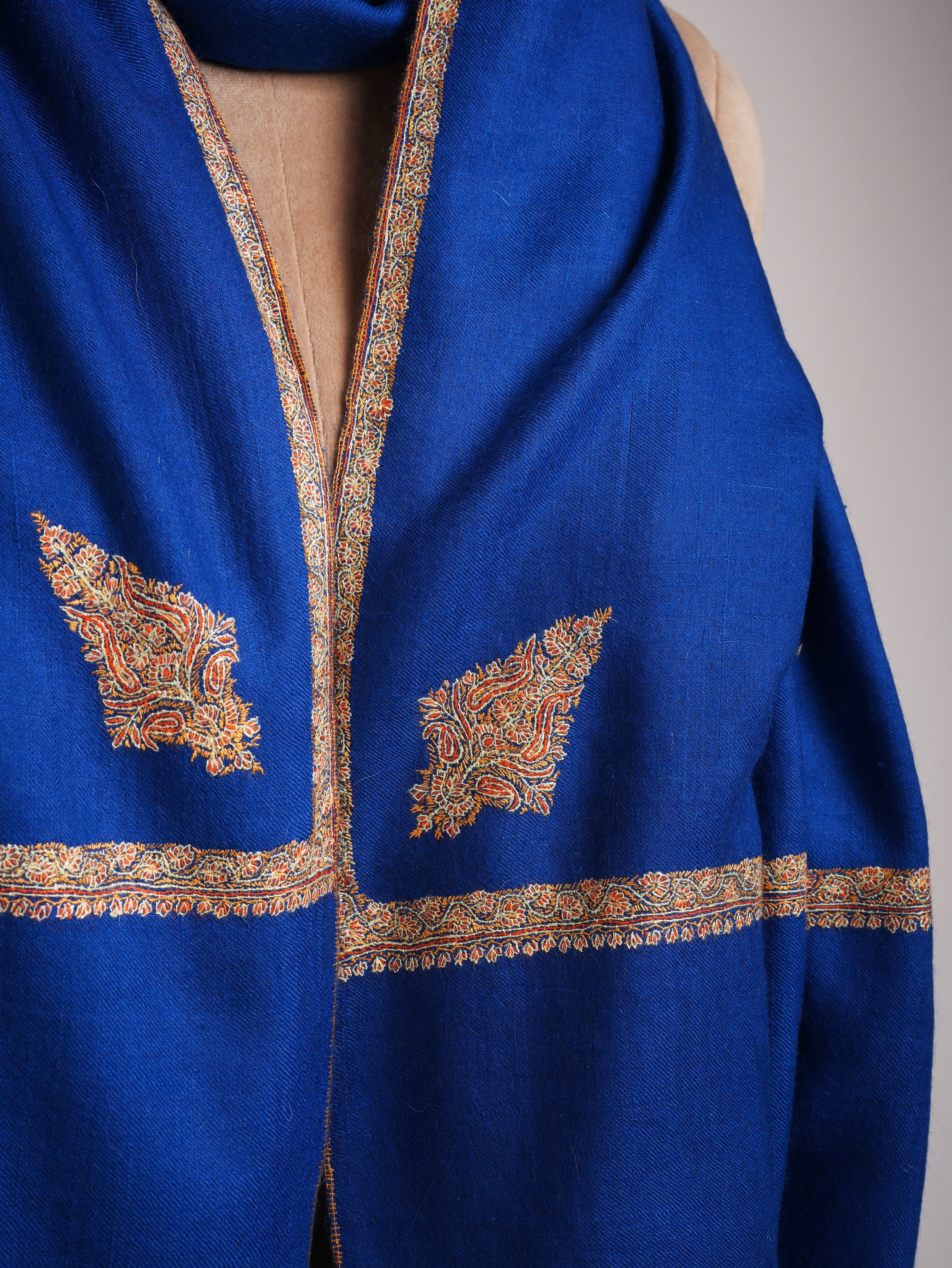 Egyptian Blue Hashia Sozni Embroidered Kashmiri Pashmina Shawl