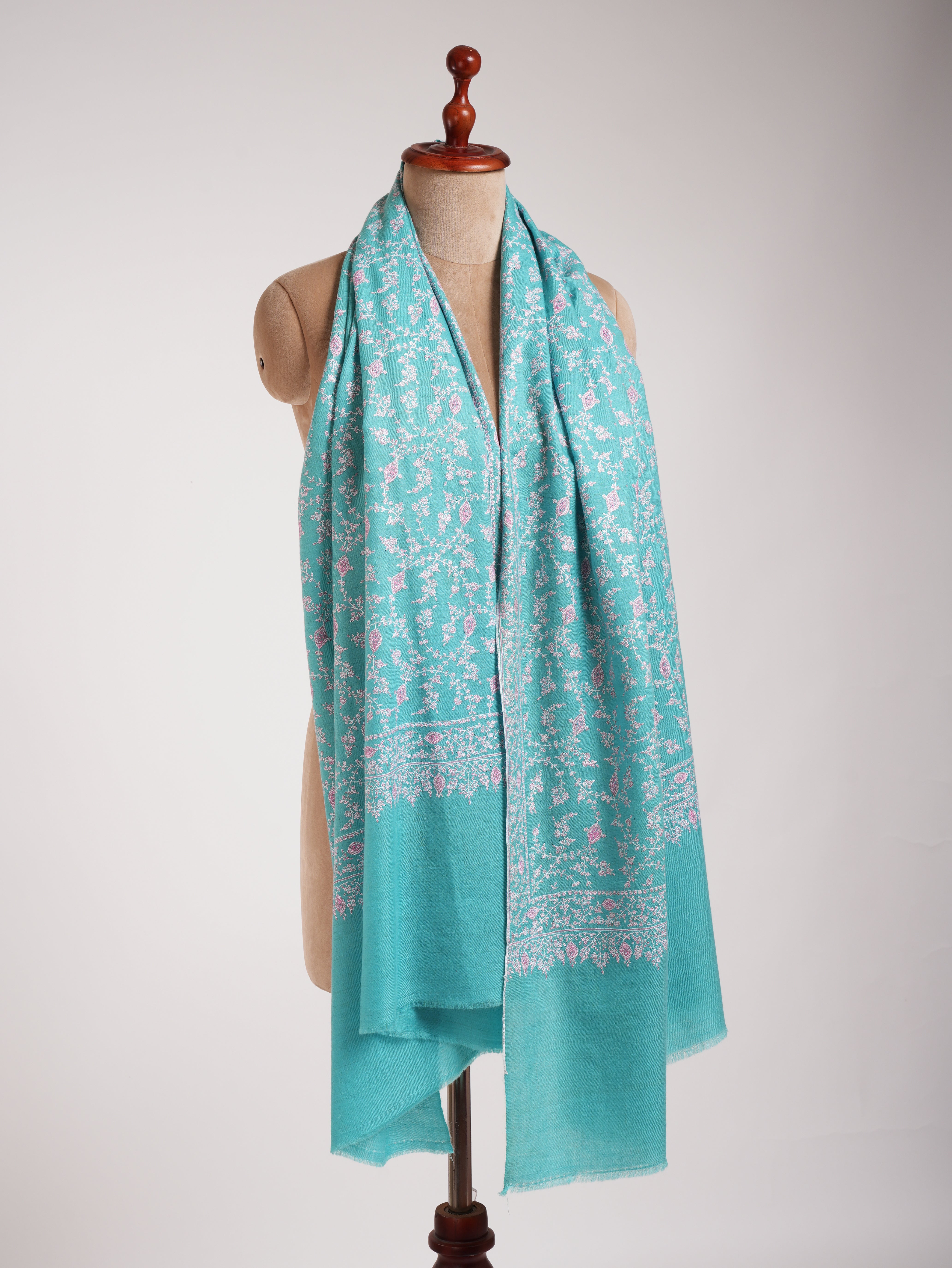 Tiffany Blue Pure Pashmina Shawl In Sozni Embroidery