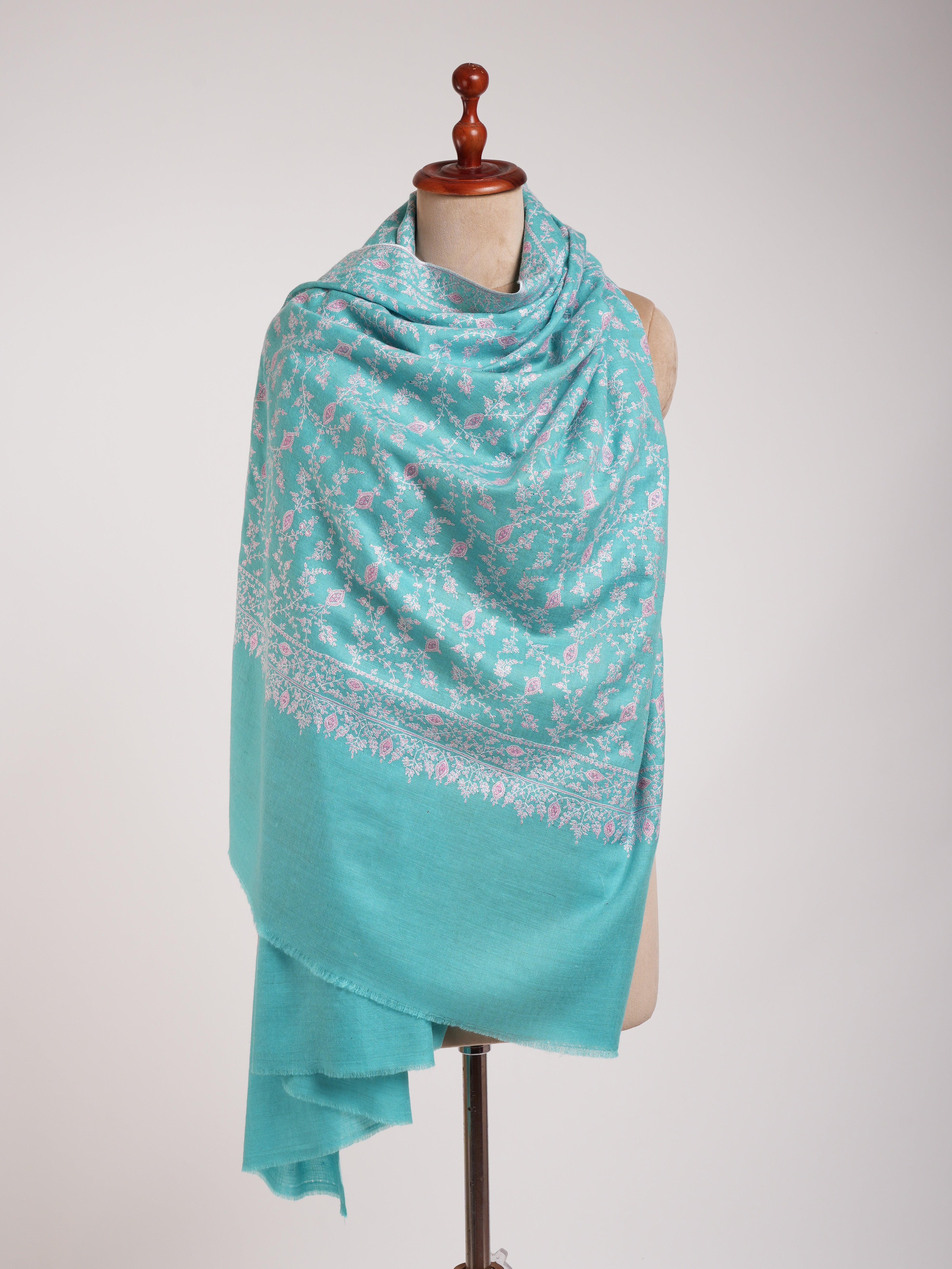 Tiffany Blue Pure Pashmina Shawl In Sozni Embroidery