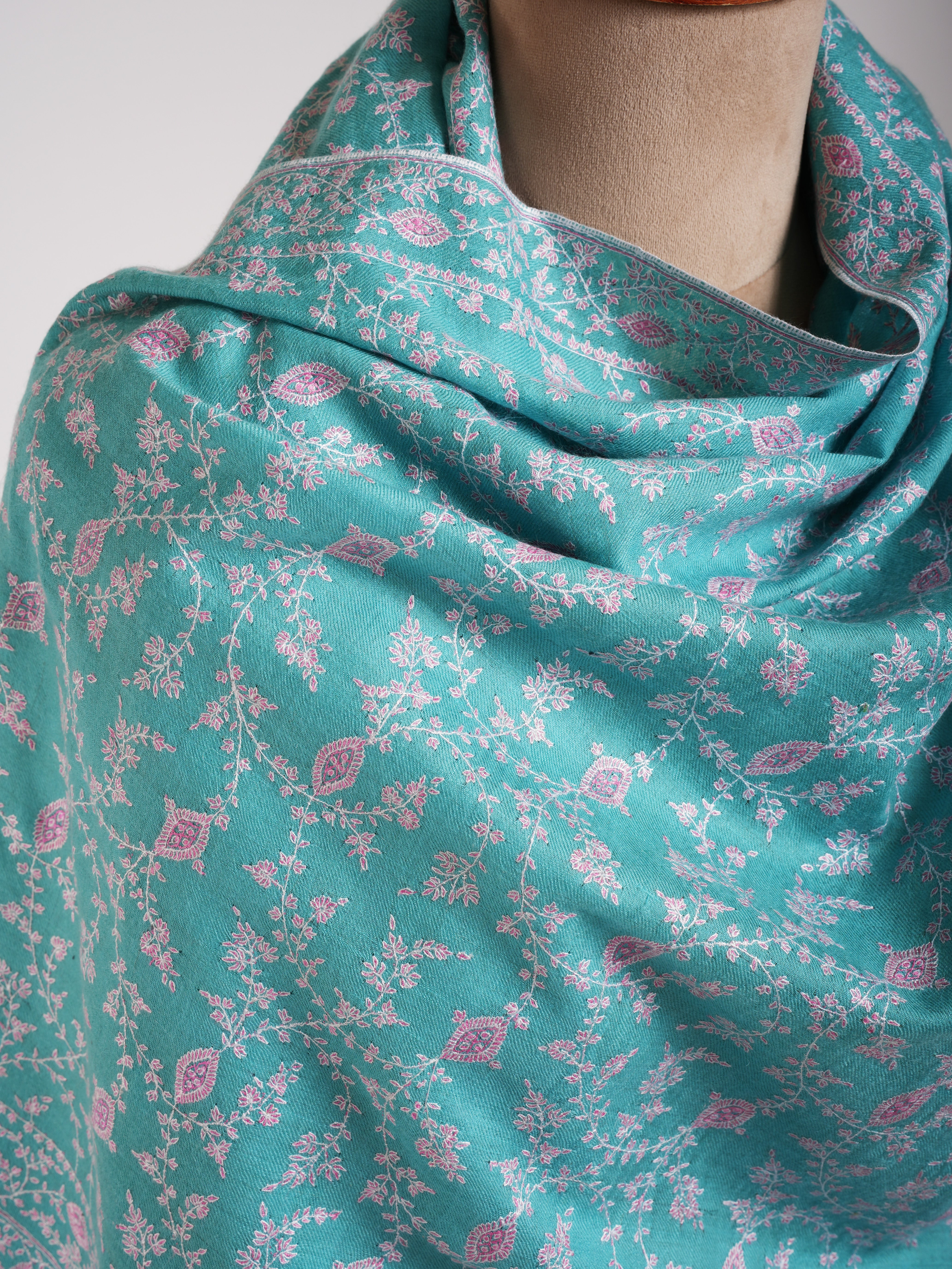 Tiffany Blue Pure Pashmina Shawl In Sozni Embroidery