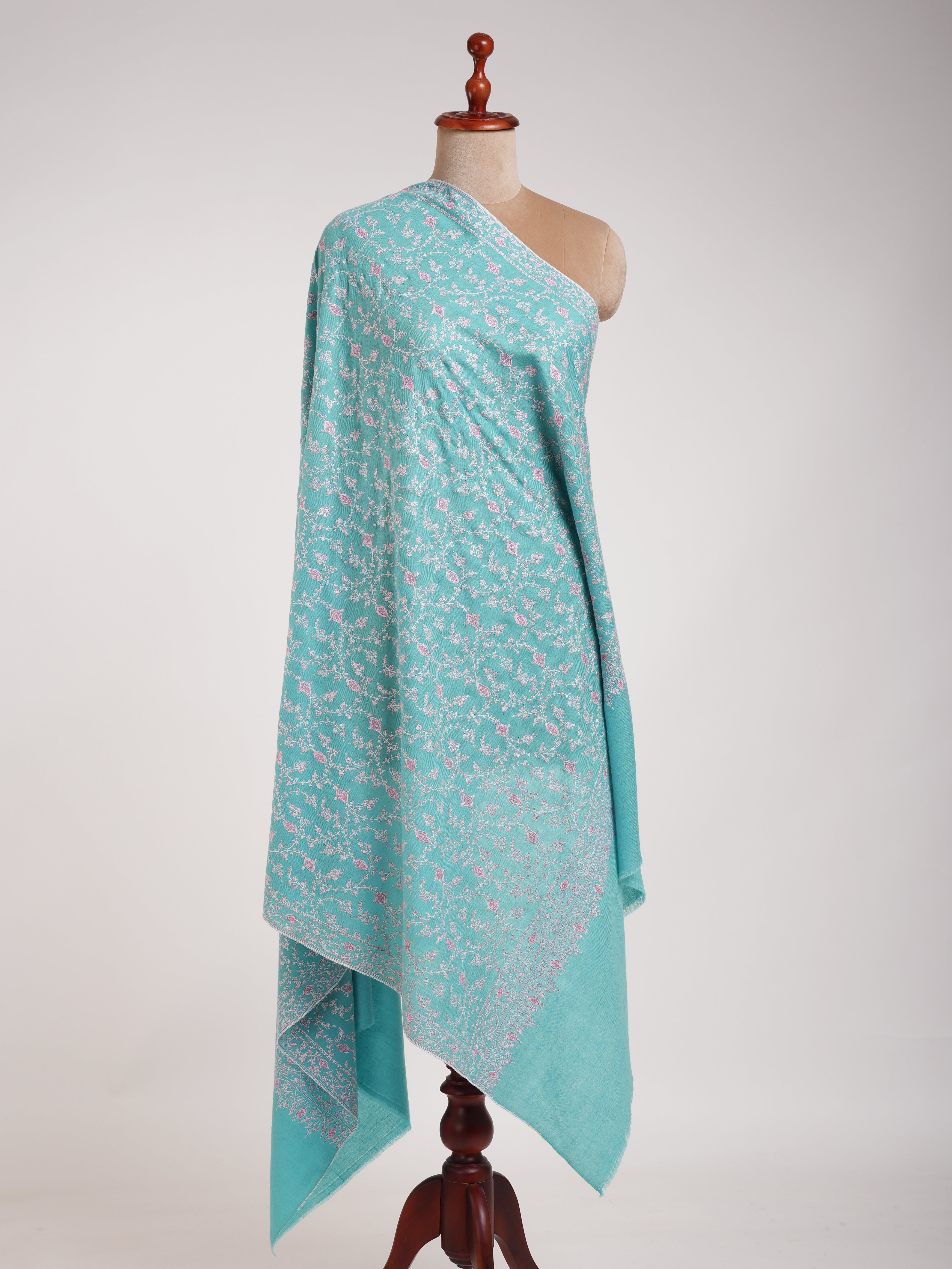 Tiffany Blue Pure Pashmina Shawl In Sozni Embroidery