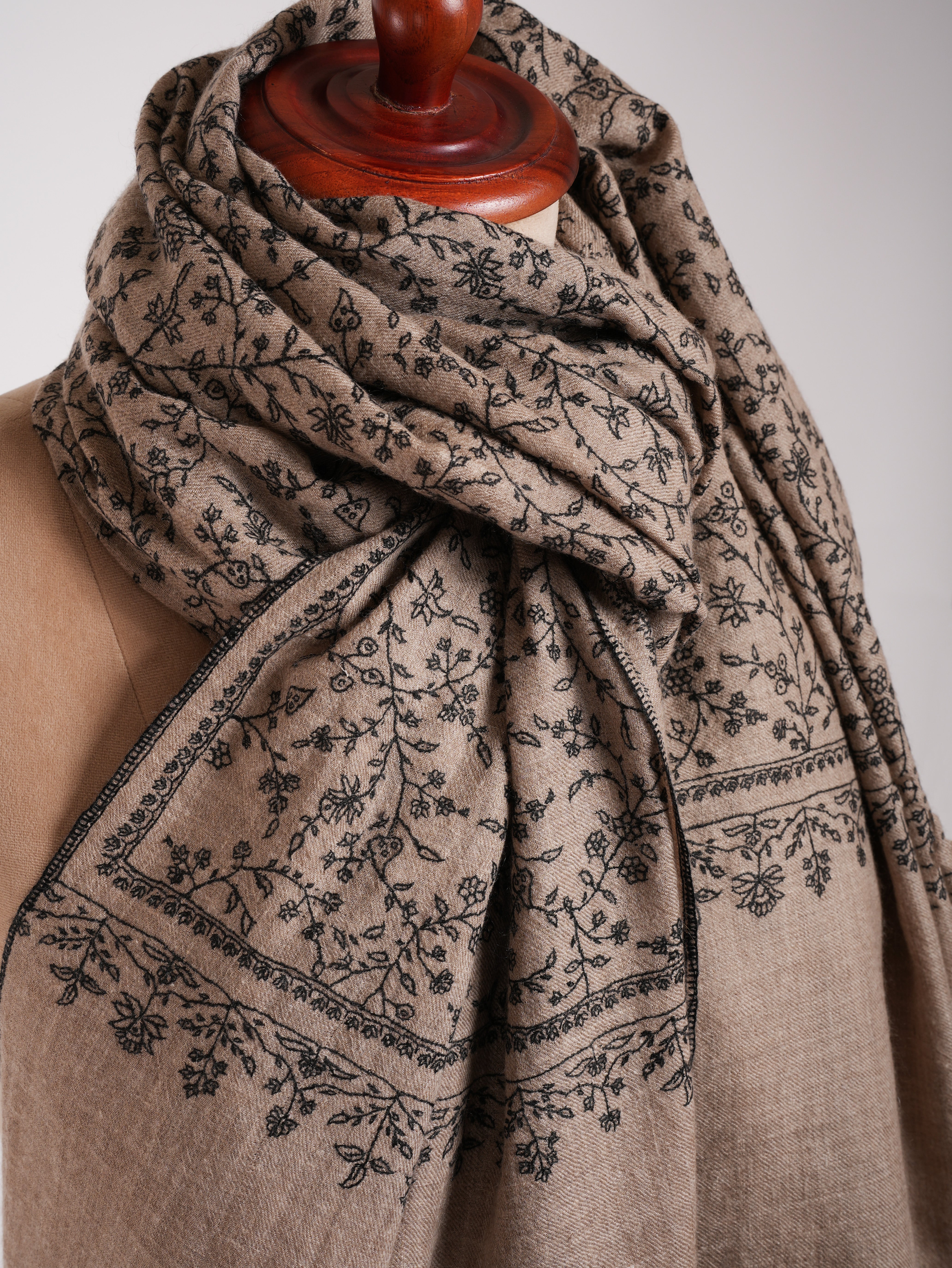 Natural Grey Pashmina Shawl with Black Sozni Embroidery