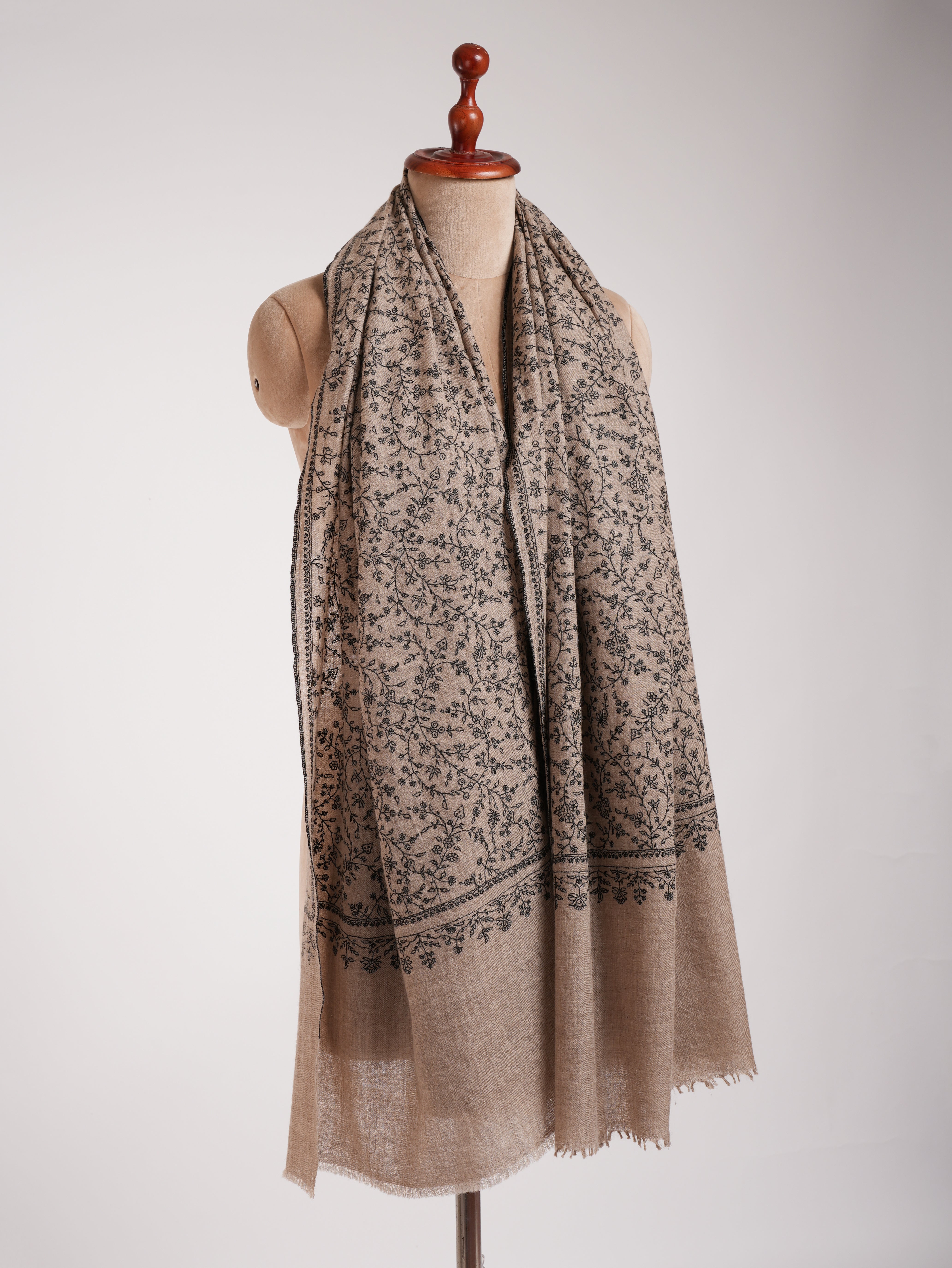 Natural Grey Pashmina Shawl with Black Sozni Embroidery