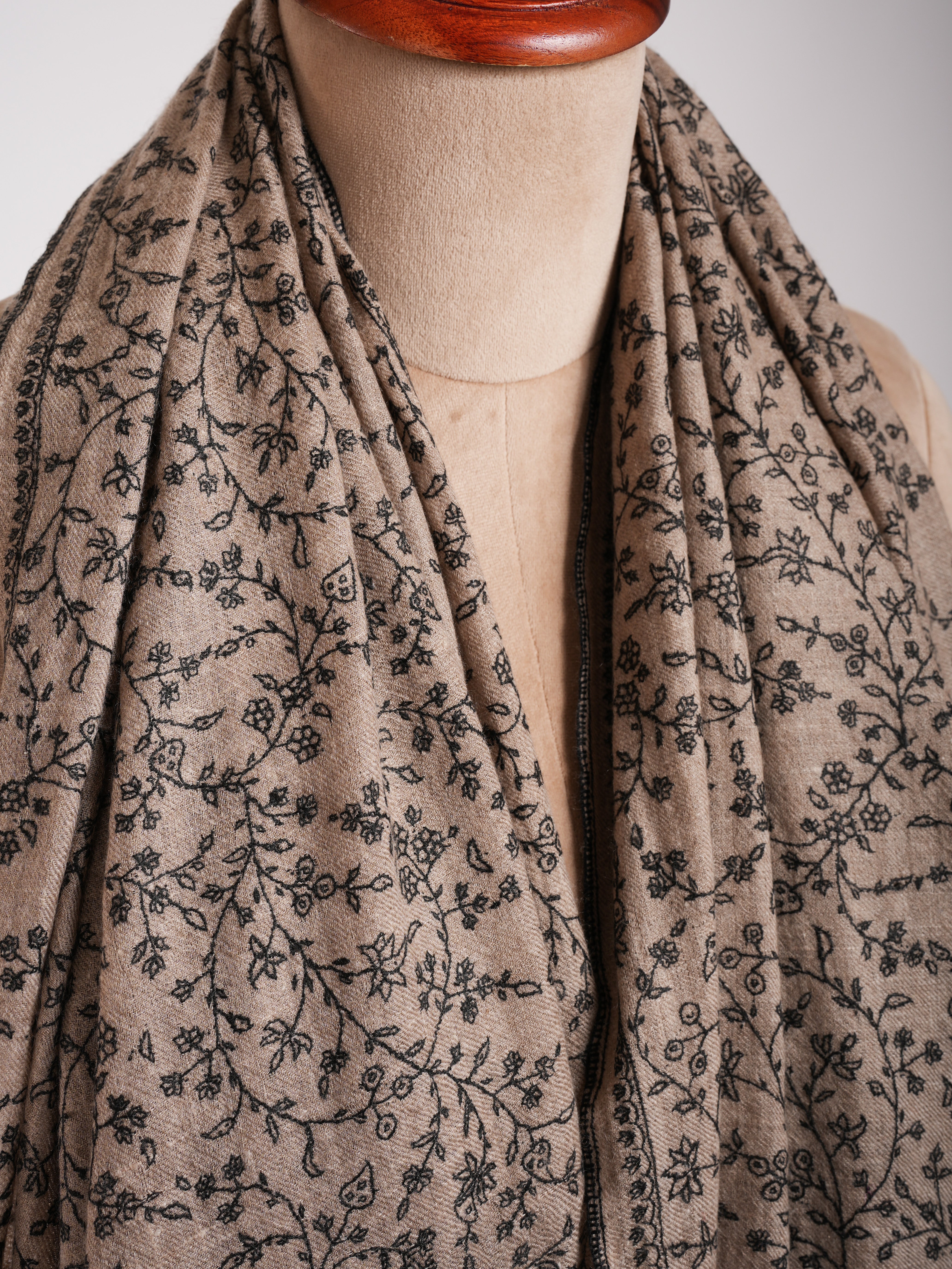 Natural Grey Pashmina Shawl with Black Sozni Embroidery