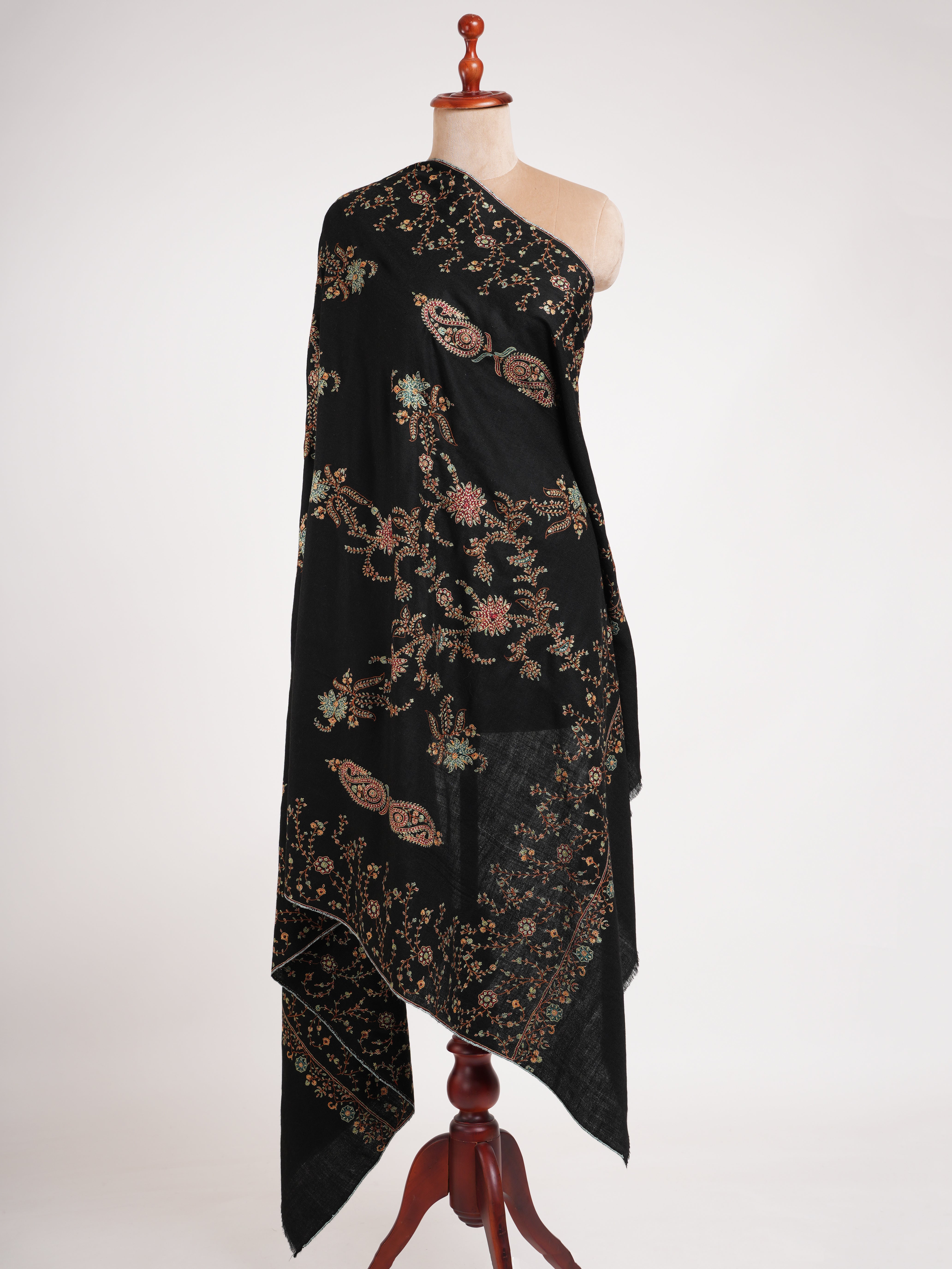 Black Pashmina Shawl with Fine Sozni Embroidery