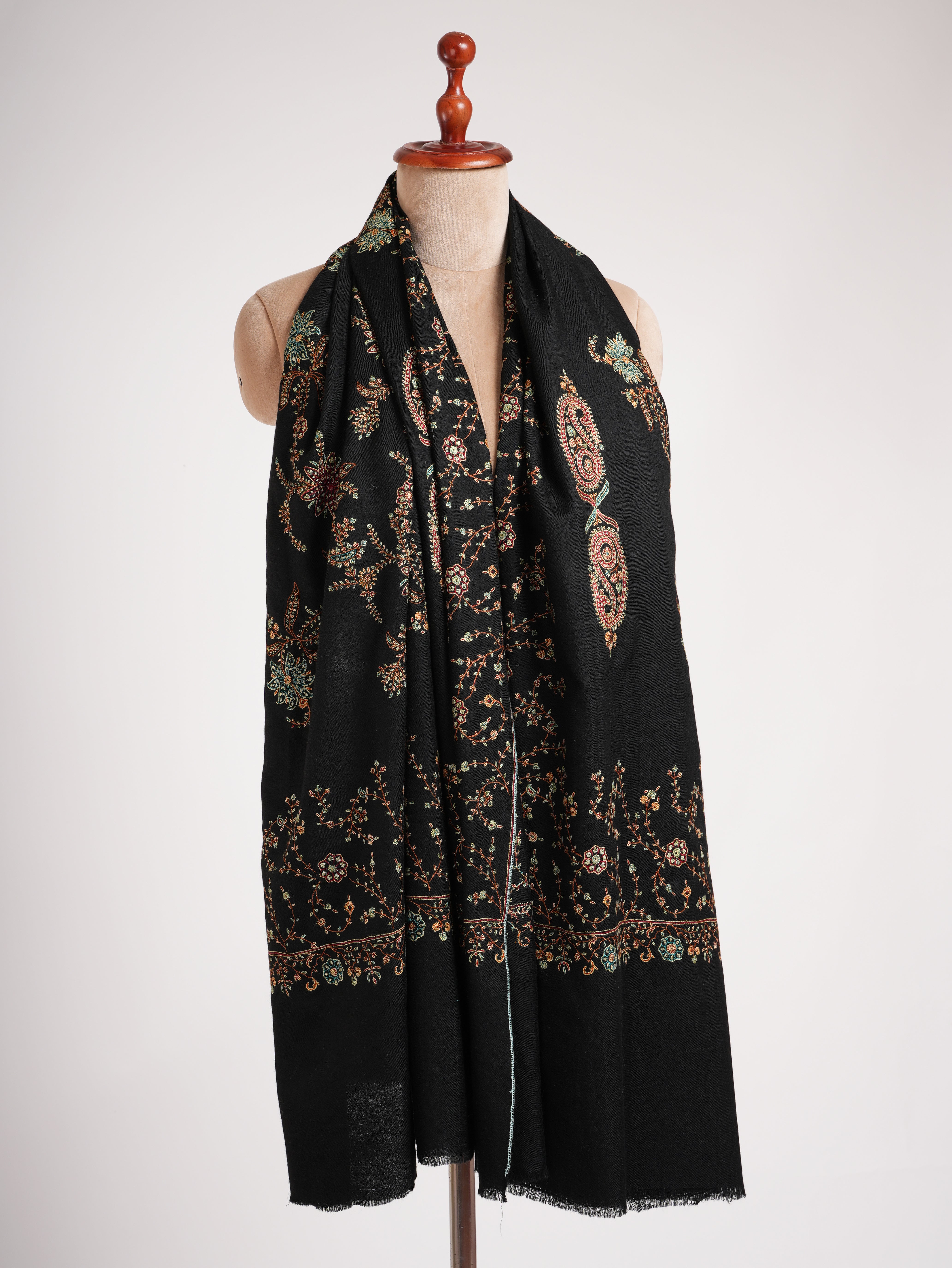 Black Pashmina Shawl with Fine Sozni Embroidery