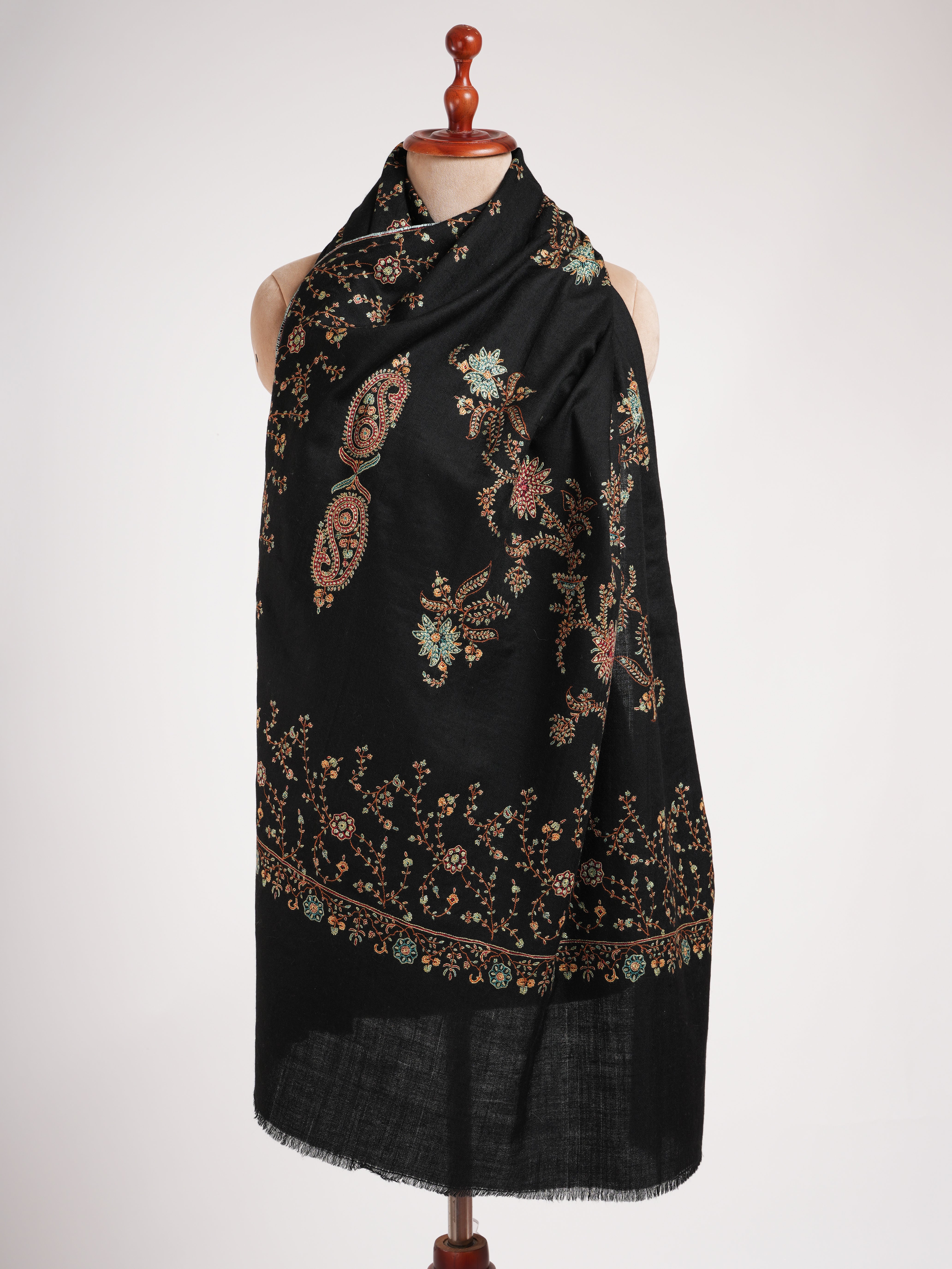 Black Pashmina Shawl with Fine Sozni Embroidery