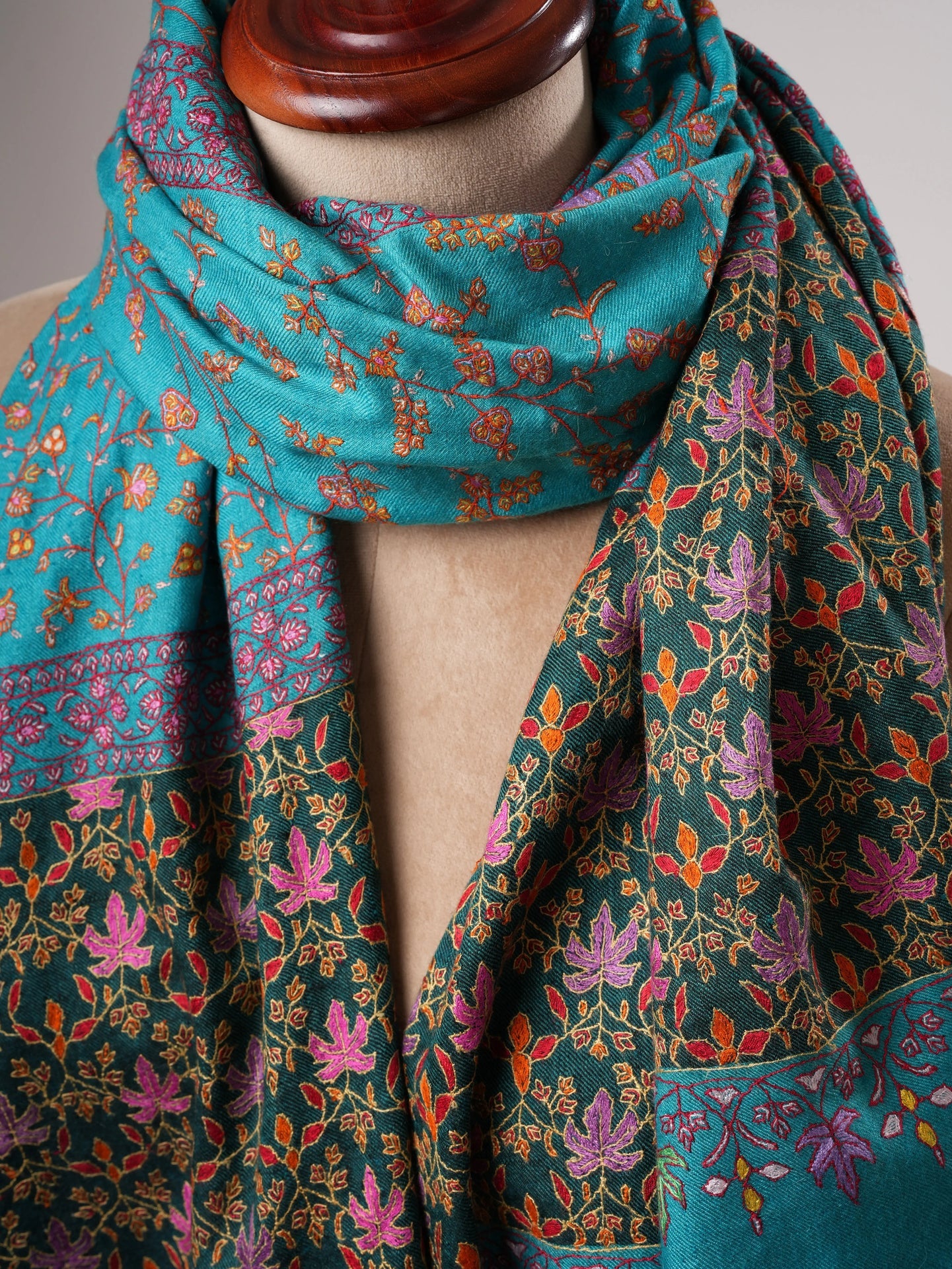 Turquoise Kashmiri Pashmina Shawl with Hand Embroidered Jali & Chinar Motifs Shahkaar