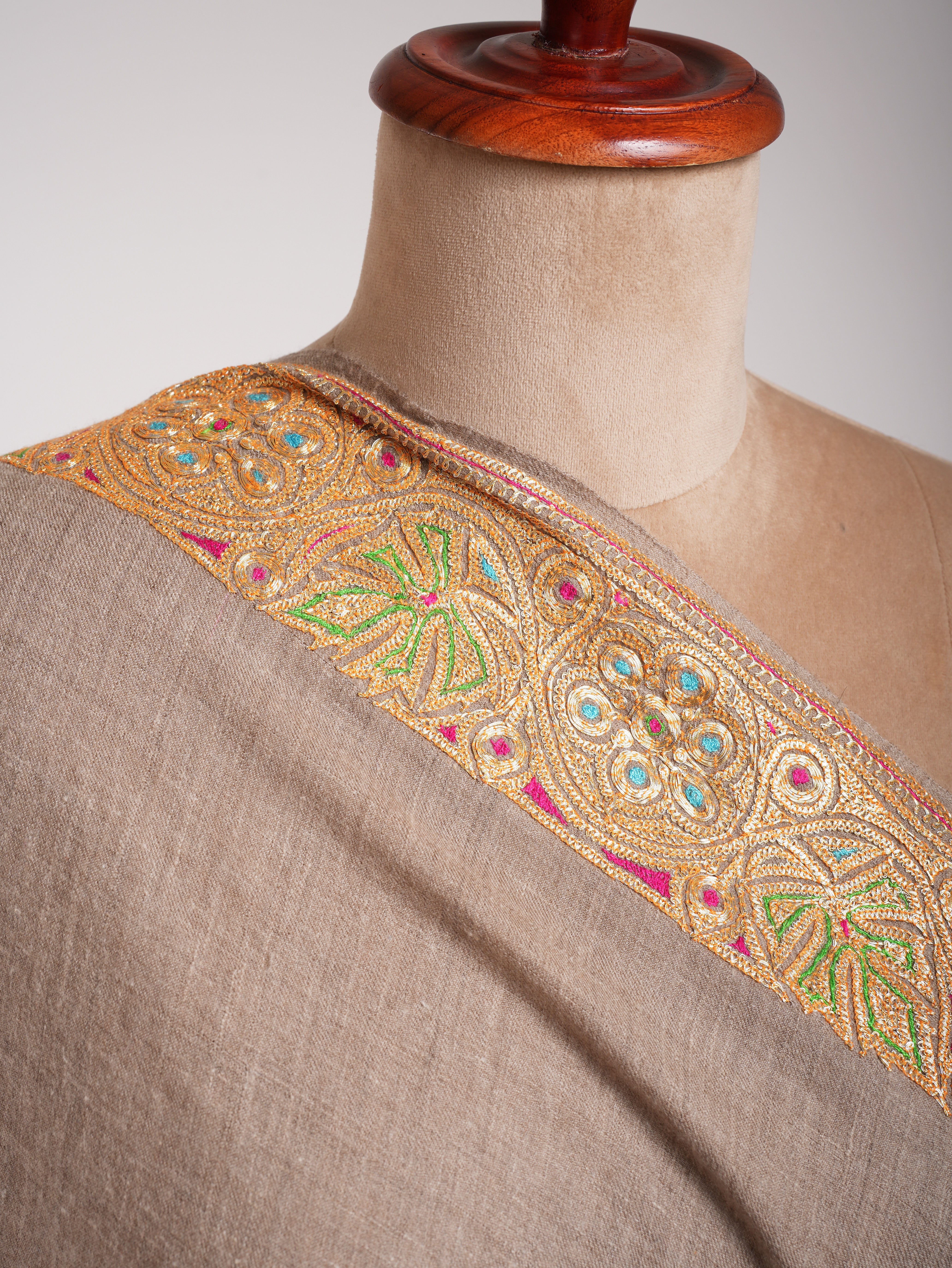 Natural Beige Gold Tilla Embroidered Pashmina Shawl