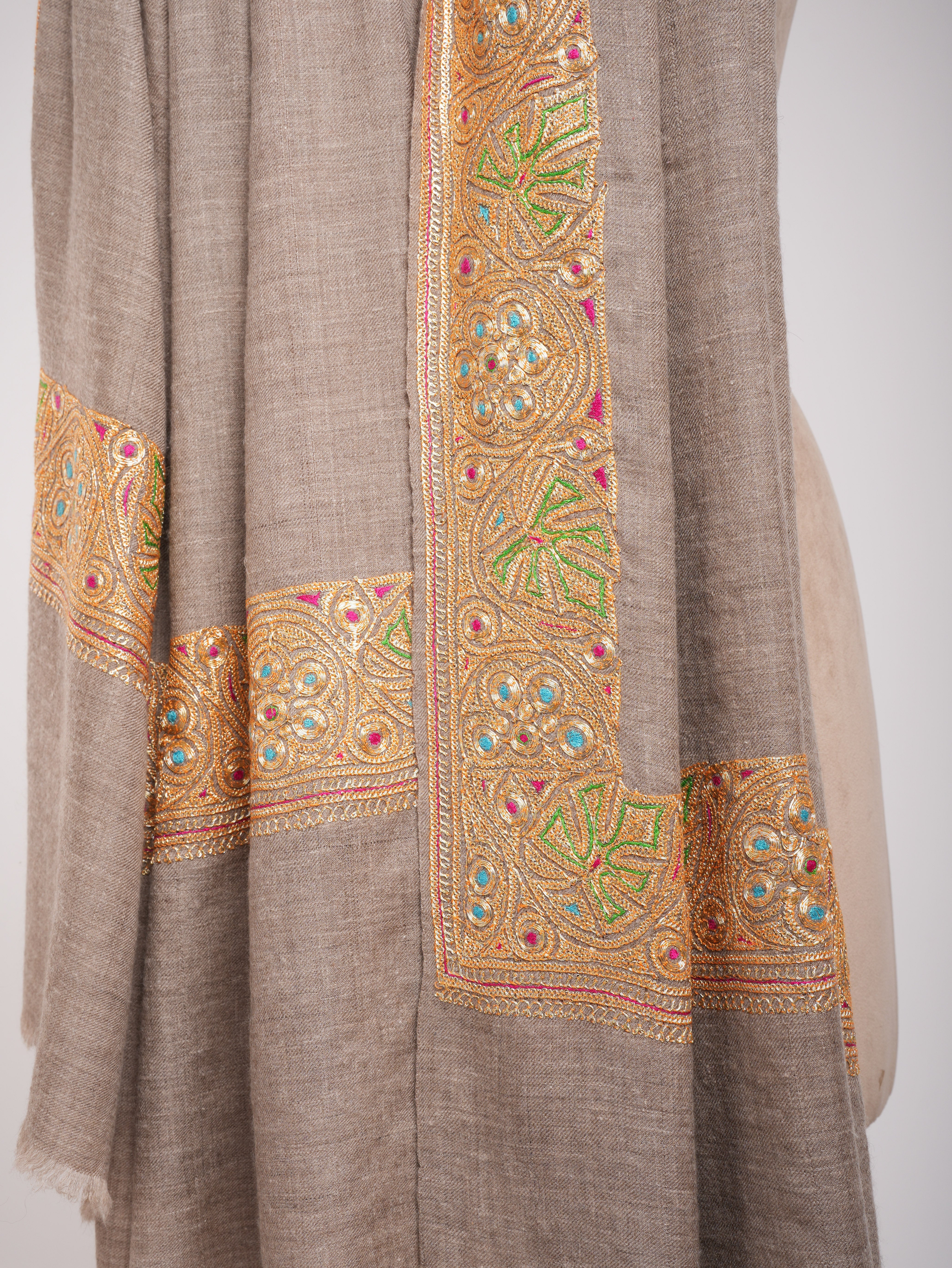 Natural Beige Gold Tilla Embroidered Pashmina Shawl