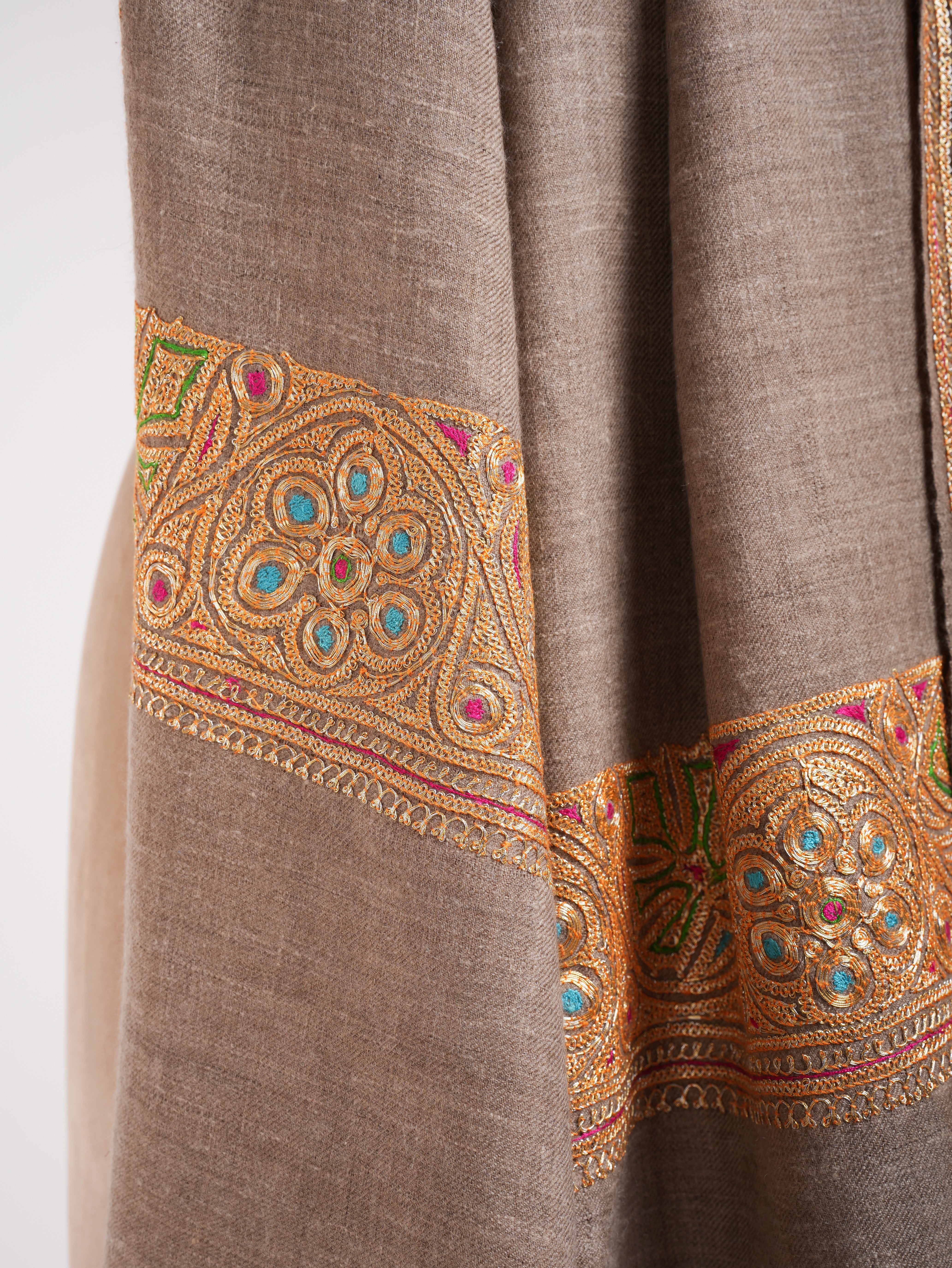 Natural Beige Gold Tilla Embroidered Pashmina Shawl