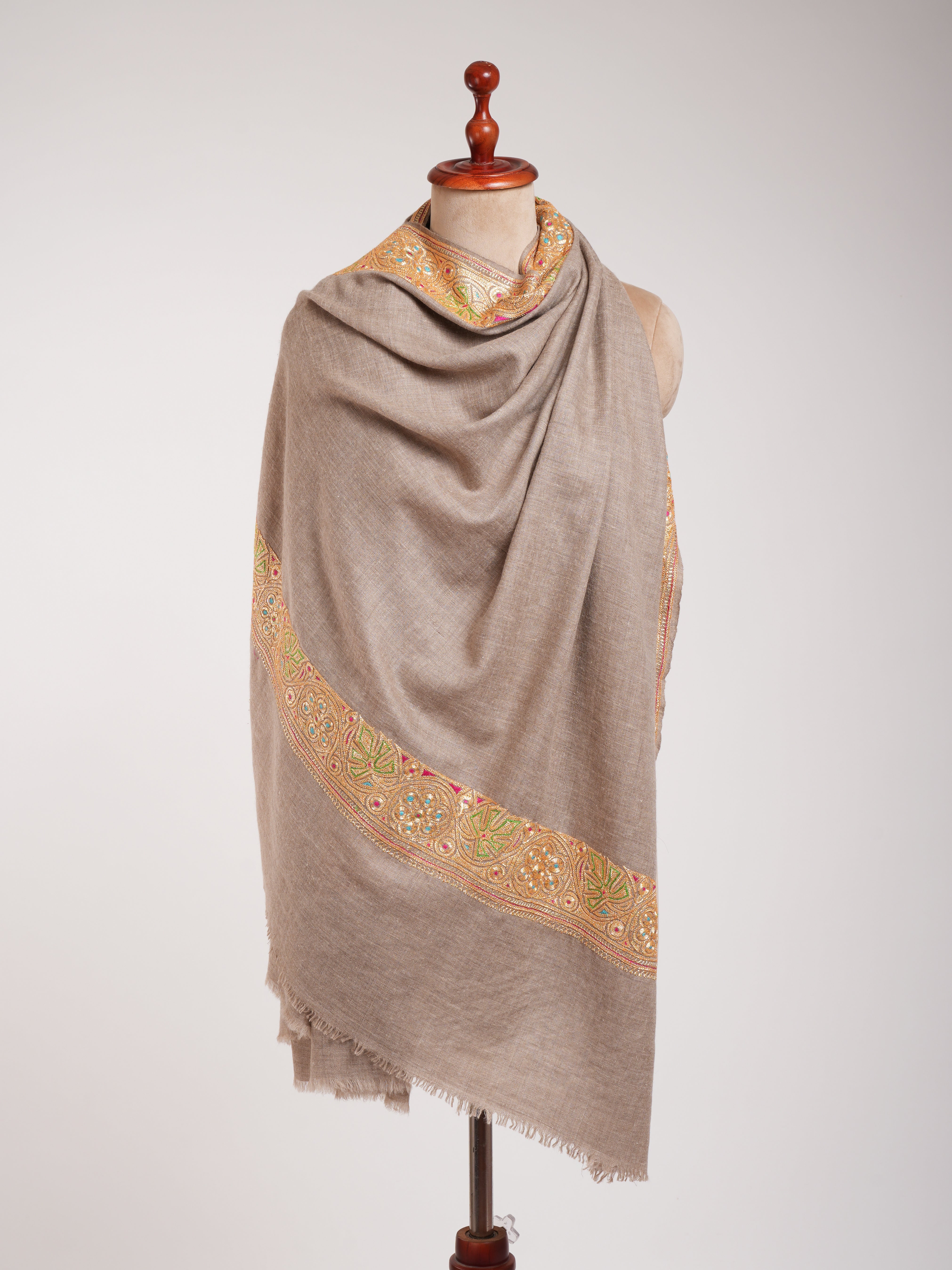 Natural Beige Gold Tilla Embroidered Pashmina Shawl