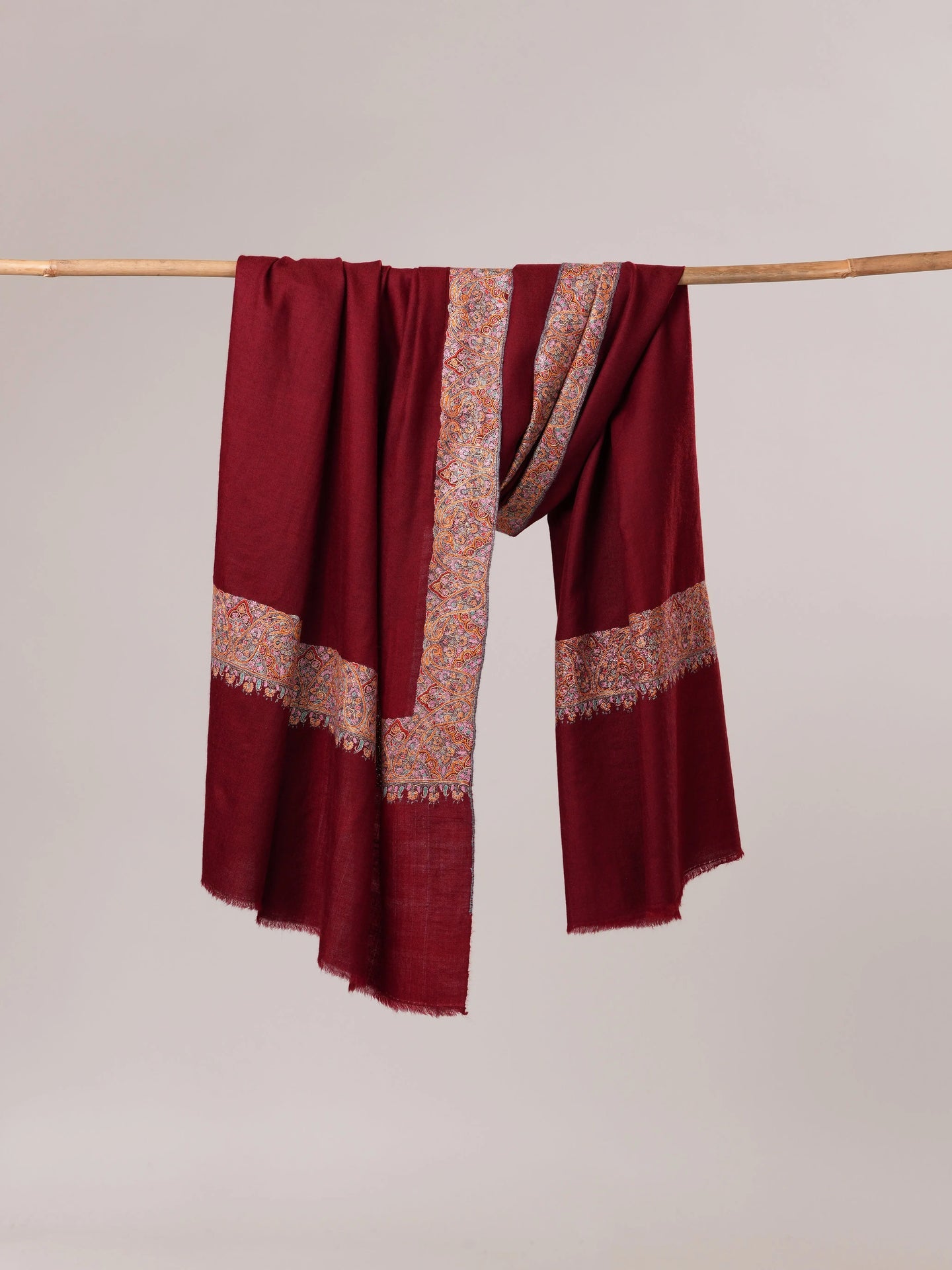 Maroon Daurdar Hand Embroidered Pure Pashmina Shawl Shahkaar.com