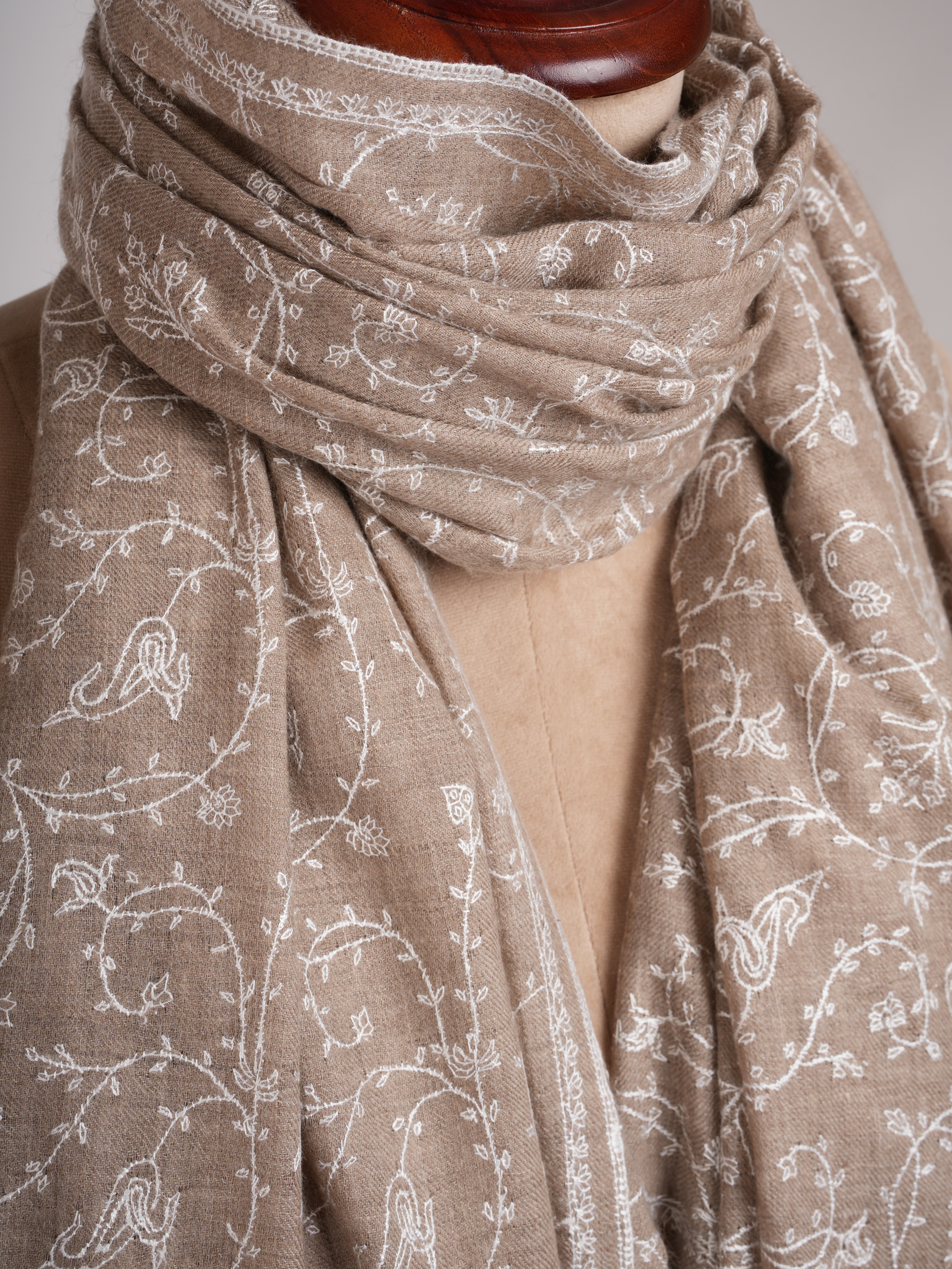 Natural Grey Pashmina Shawl with White Embroidery