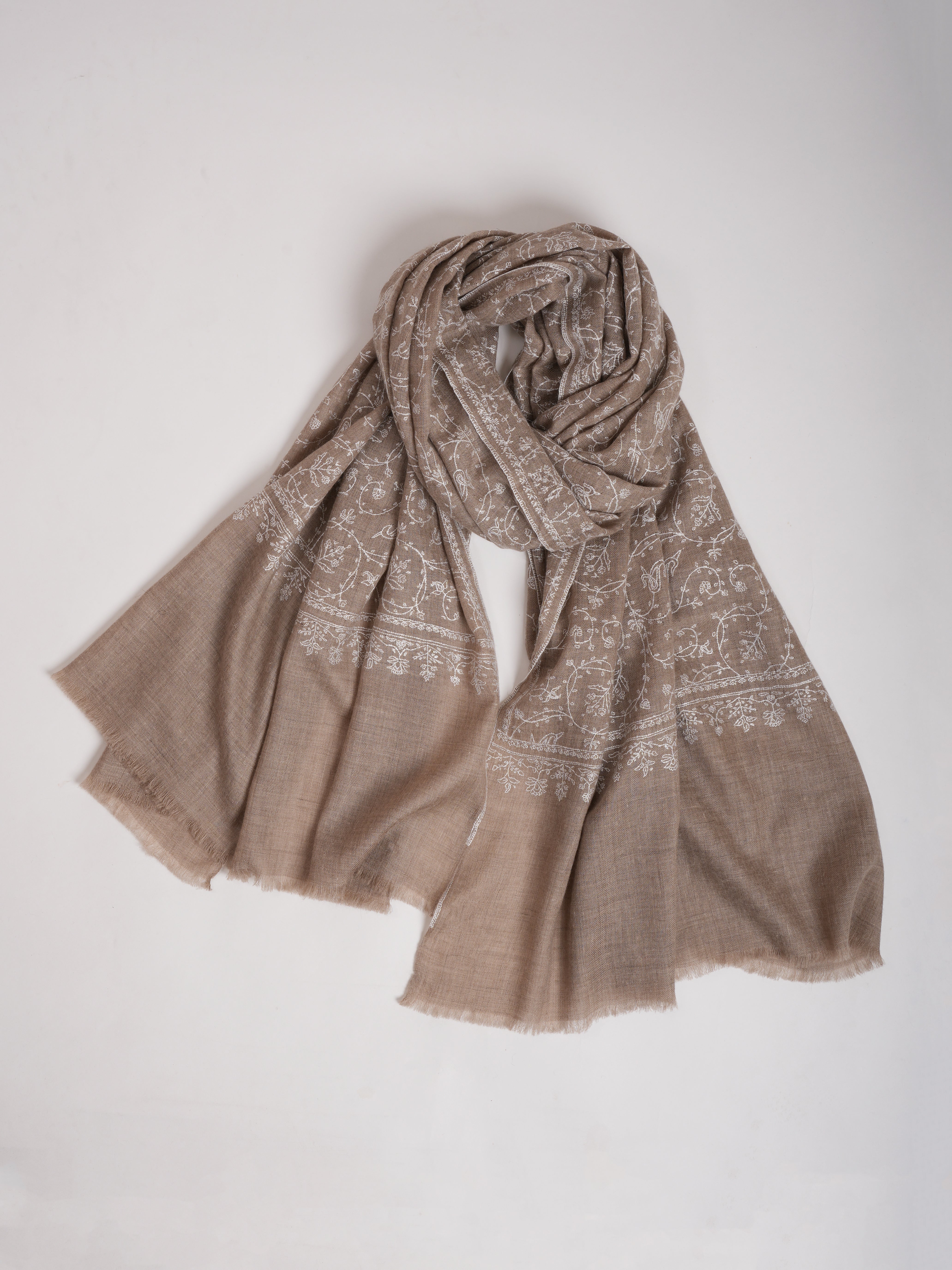 Natural Grey Pashmina Shawl with White Embroidery