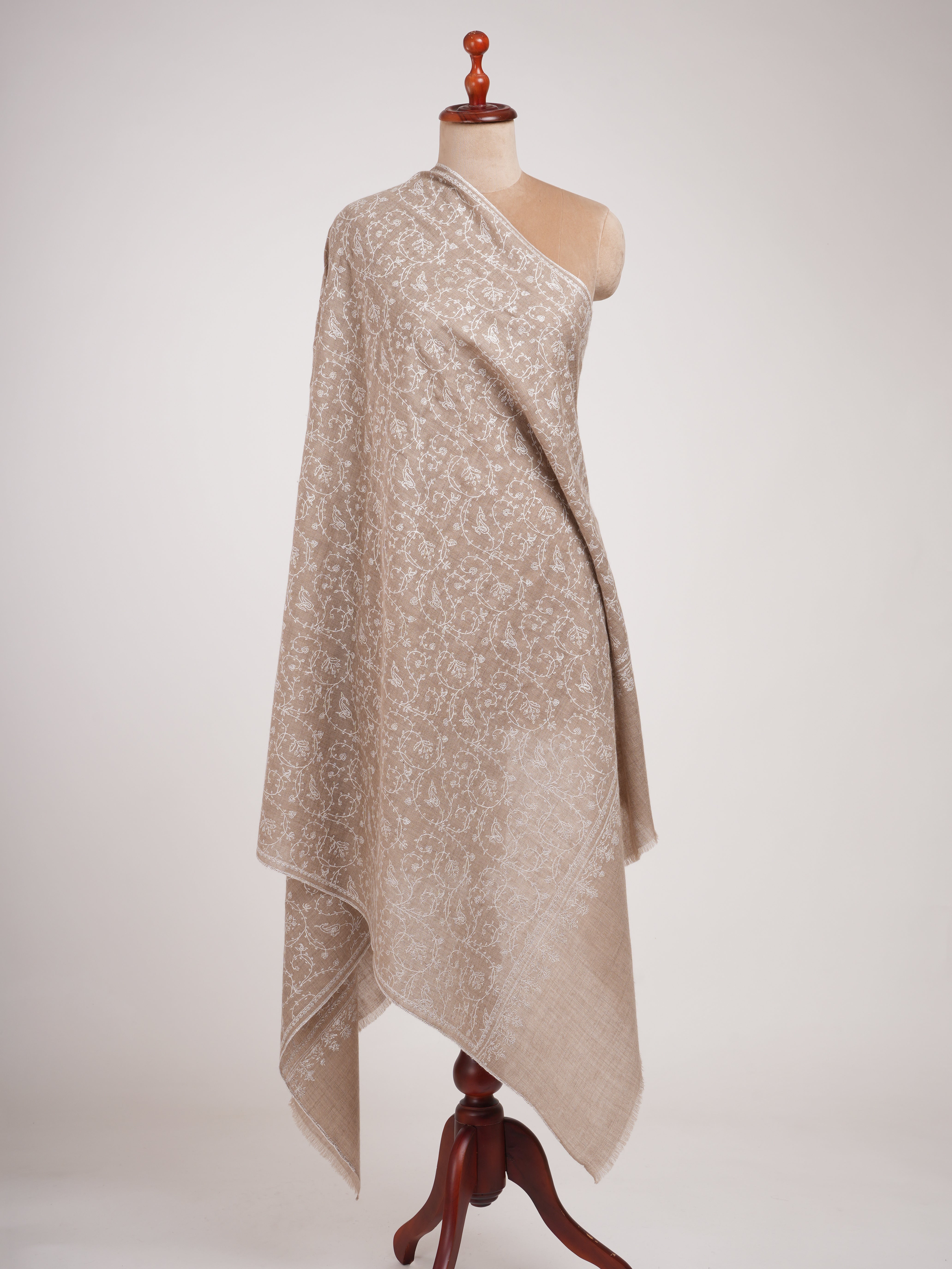 Natural Grey Pashmina Shawl with White Embroidery