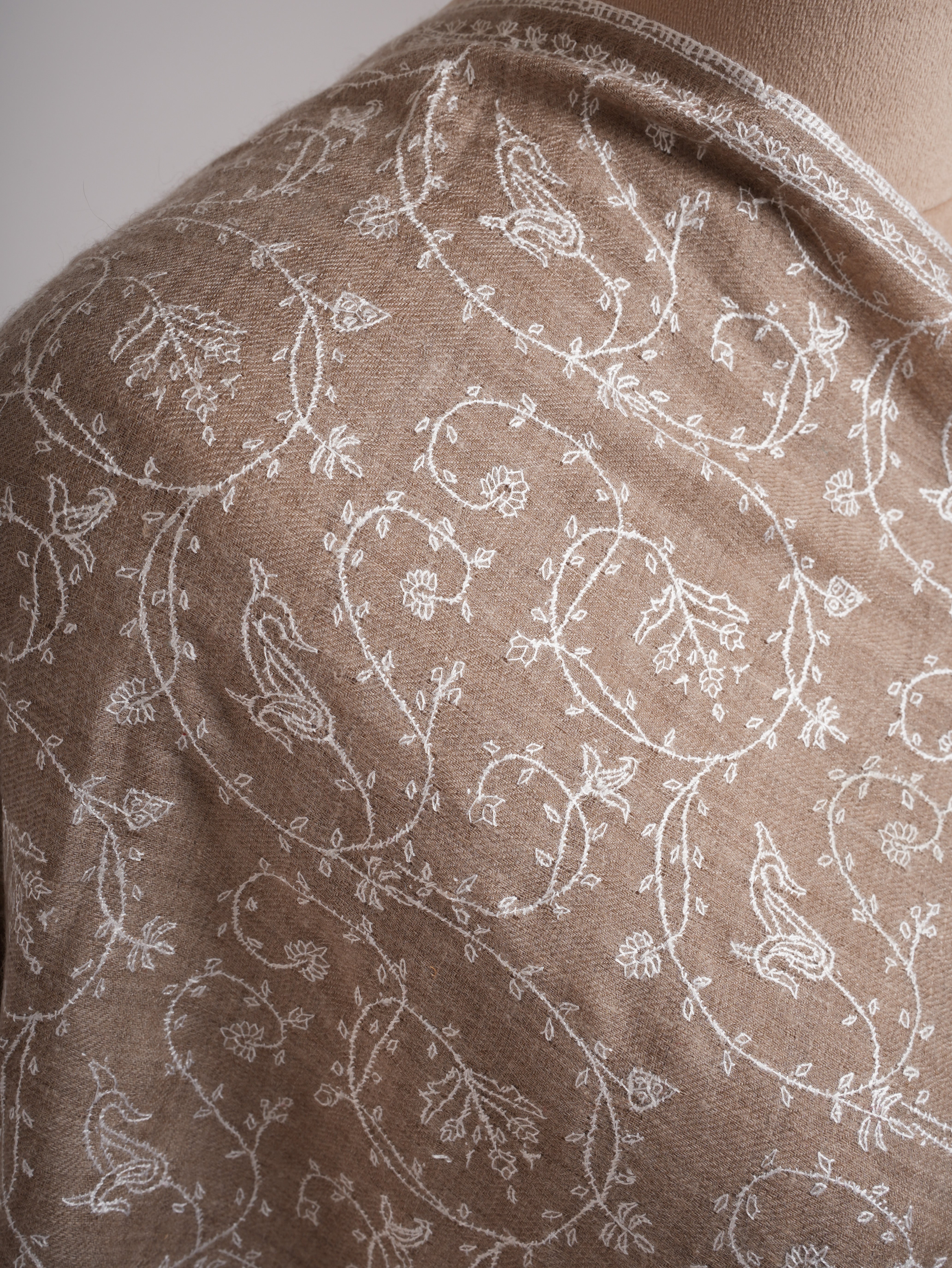 Natural Grey Pashmina Shawl with White Embroidery