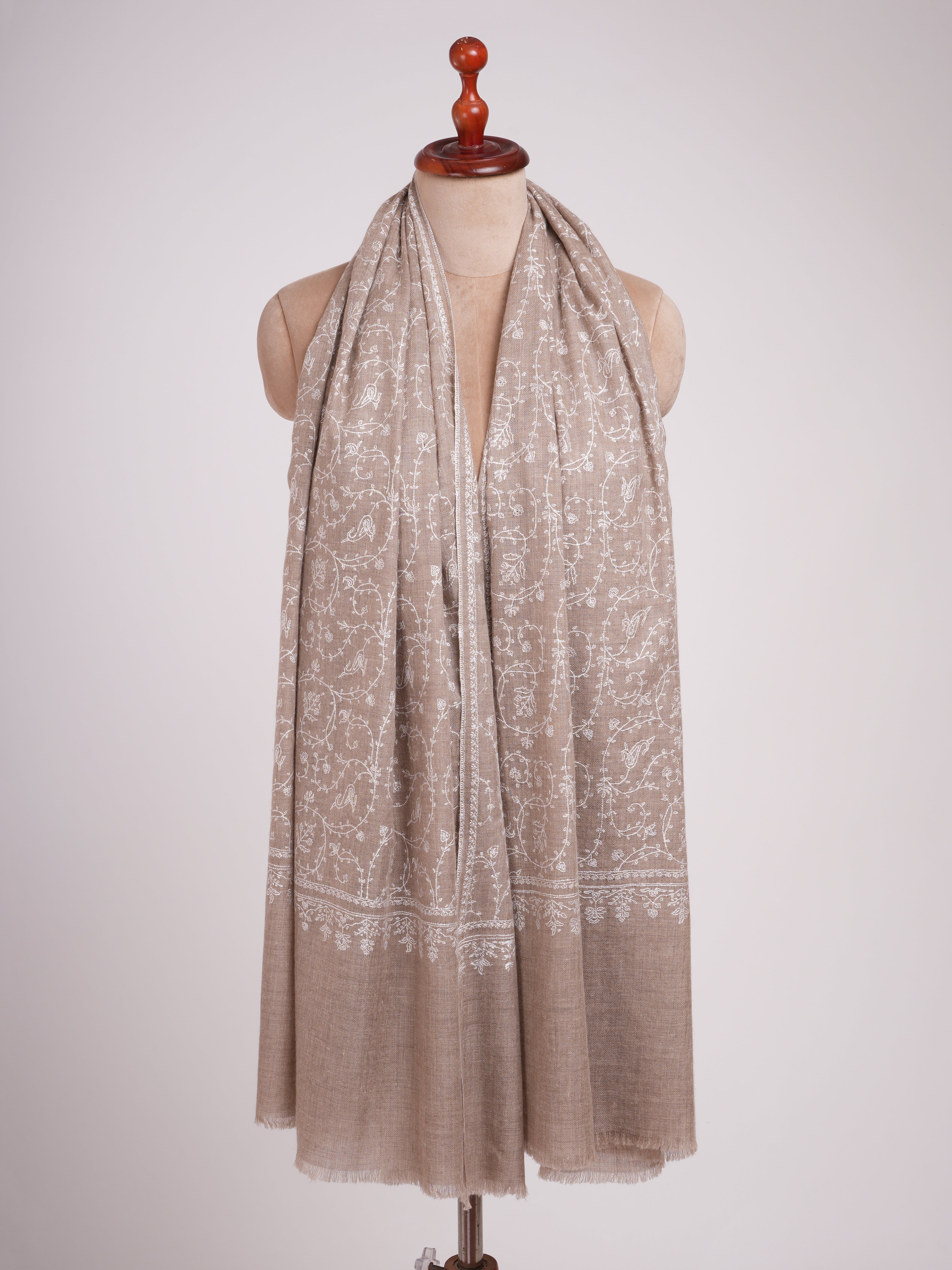 Natural Grey Pashmina Shawl with White Embroidery