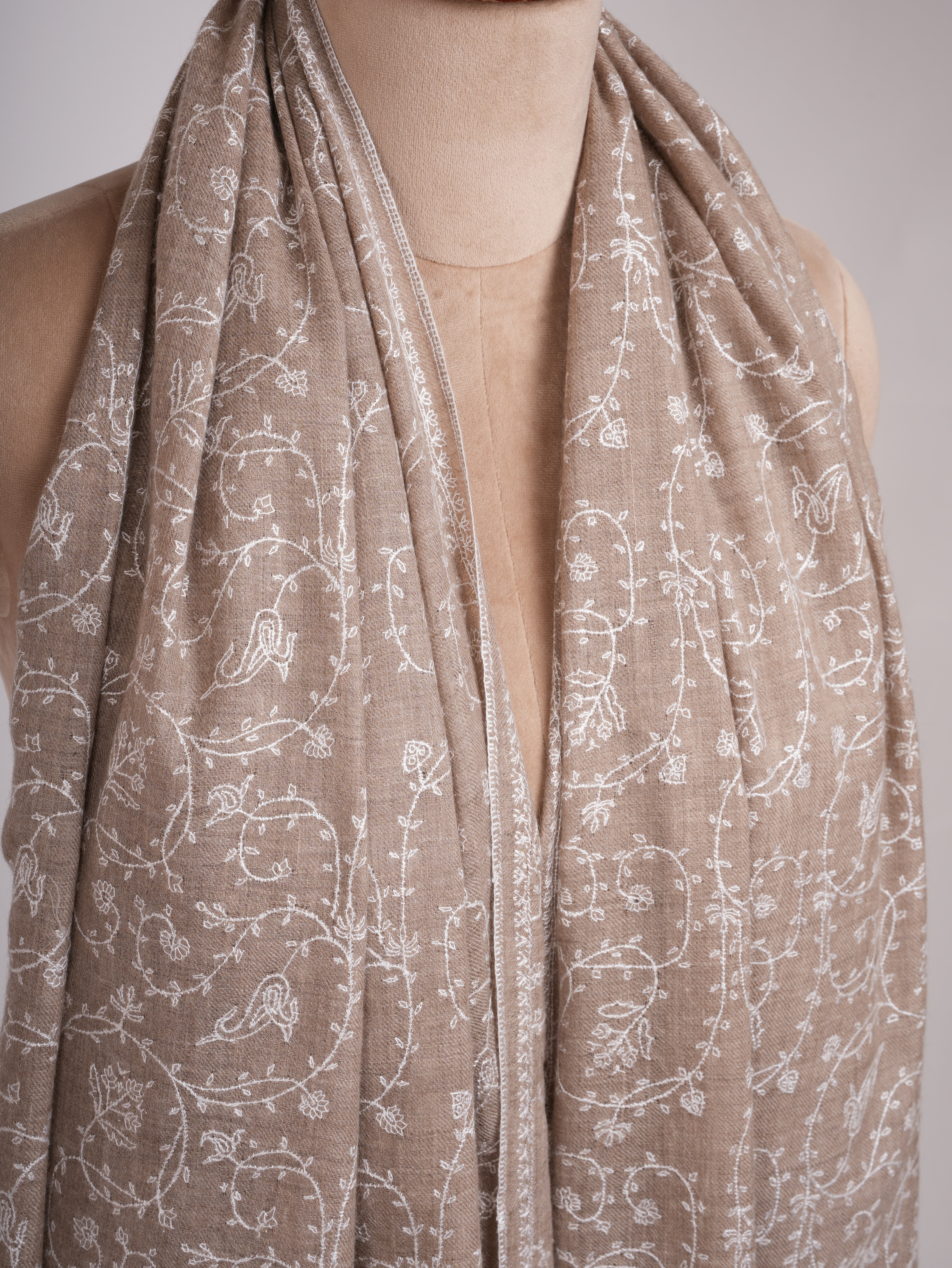 Natural Grey Pashmina Shawl with White Embroidery