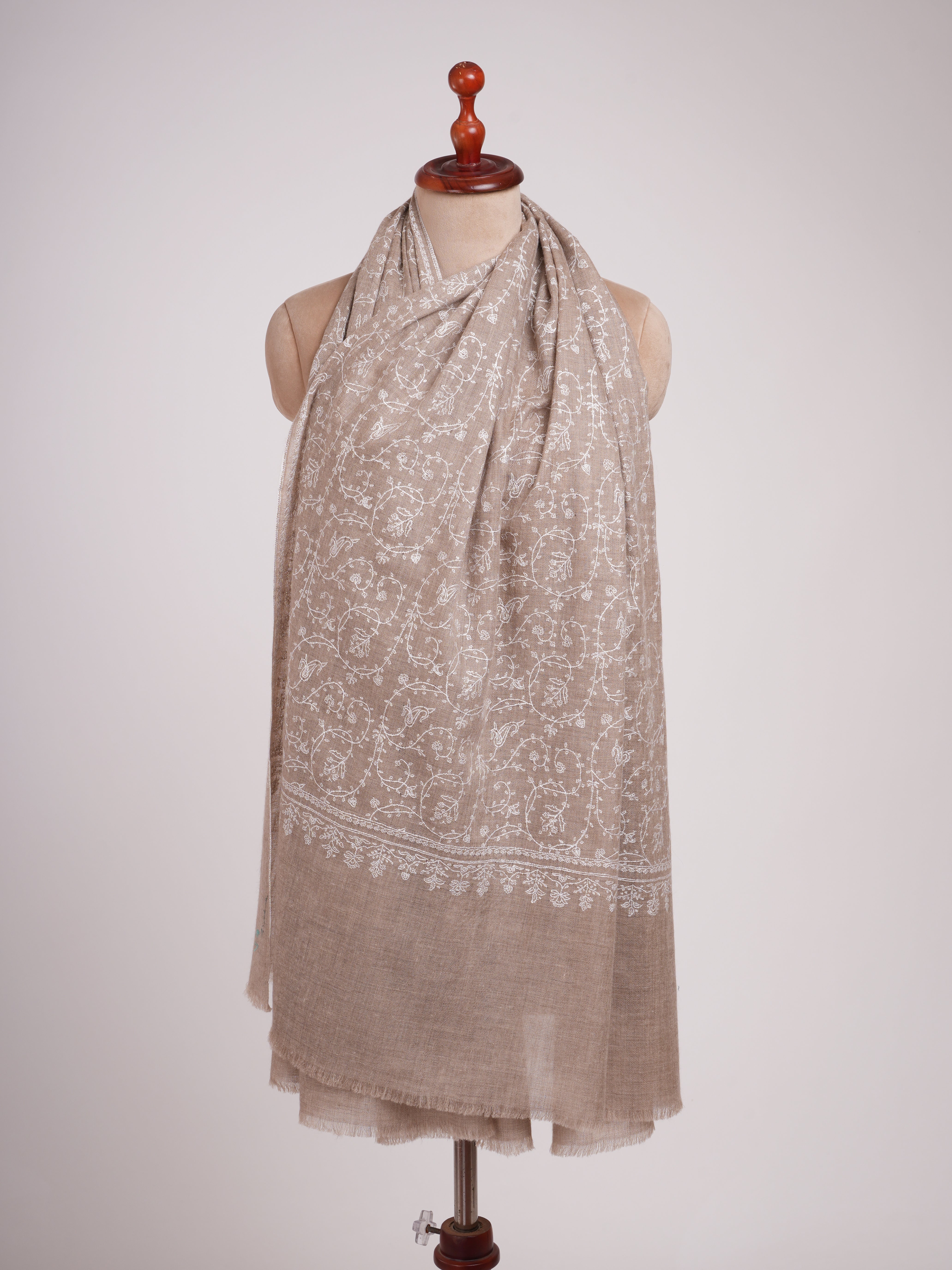 Natural Grey Pashmina Shawl with White Embroidery