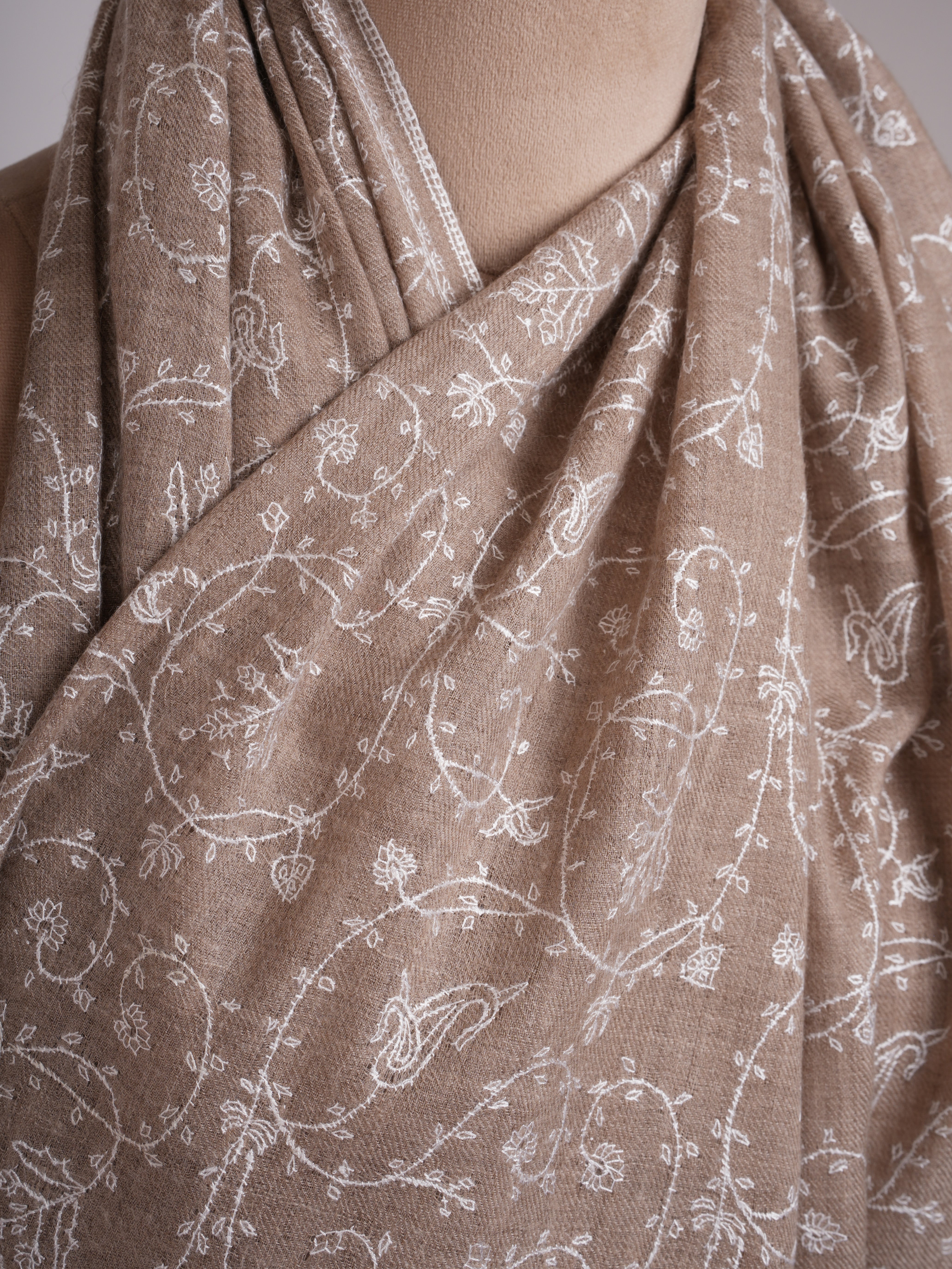 Natural Grey Pashmina Shawl with White Embroidery