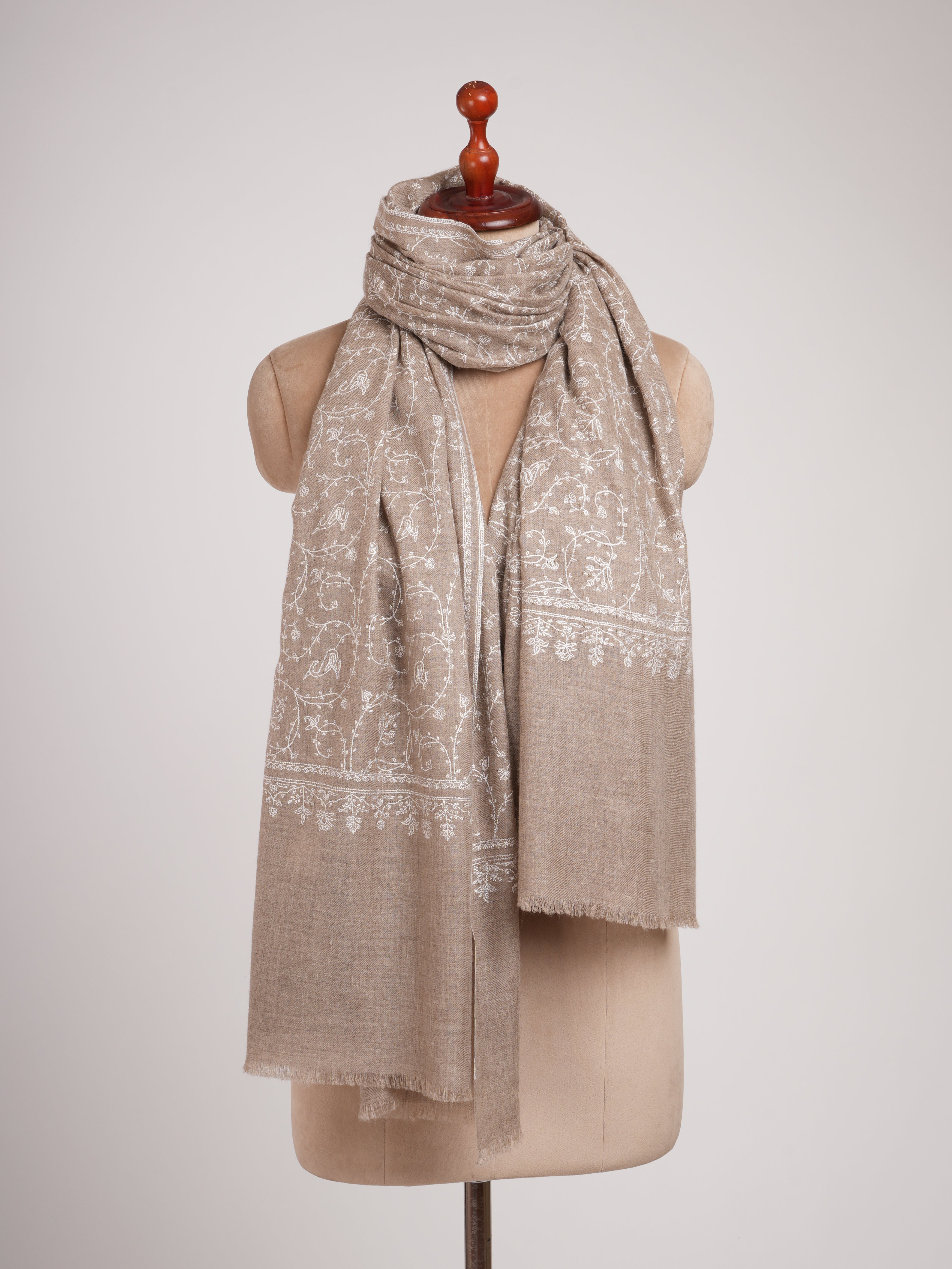 Natural Grey Pashmina Shawl with White Embroidery