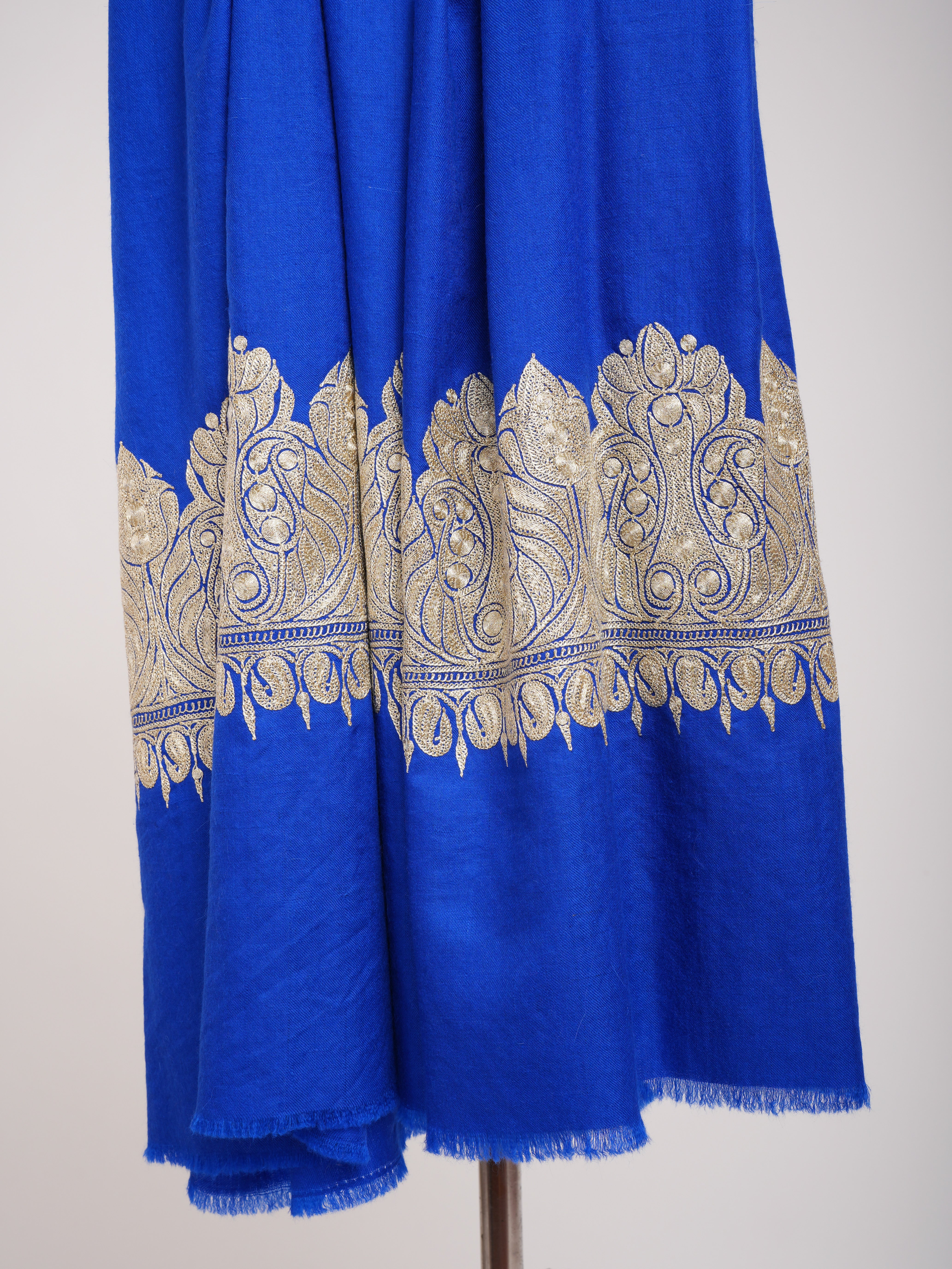 Blue Pashmina Shawl with Water Gold tilla Embroidery.