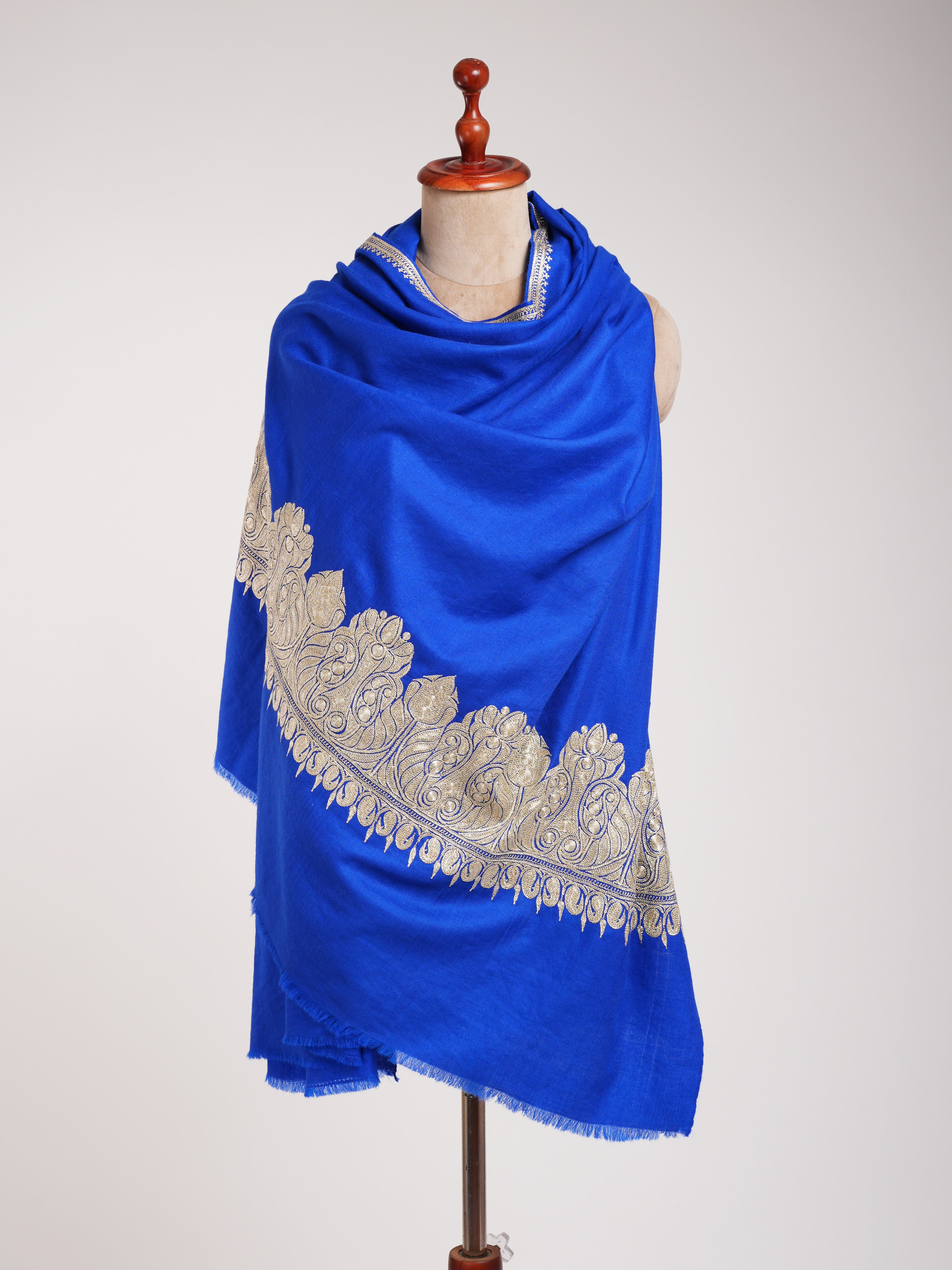 Blue Pashmina Shawl with Water Gold tilla Embroidery.