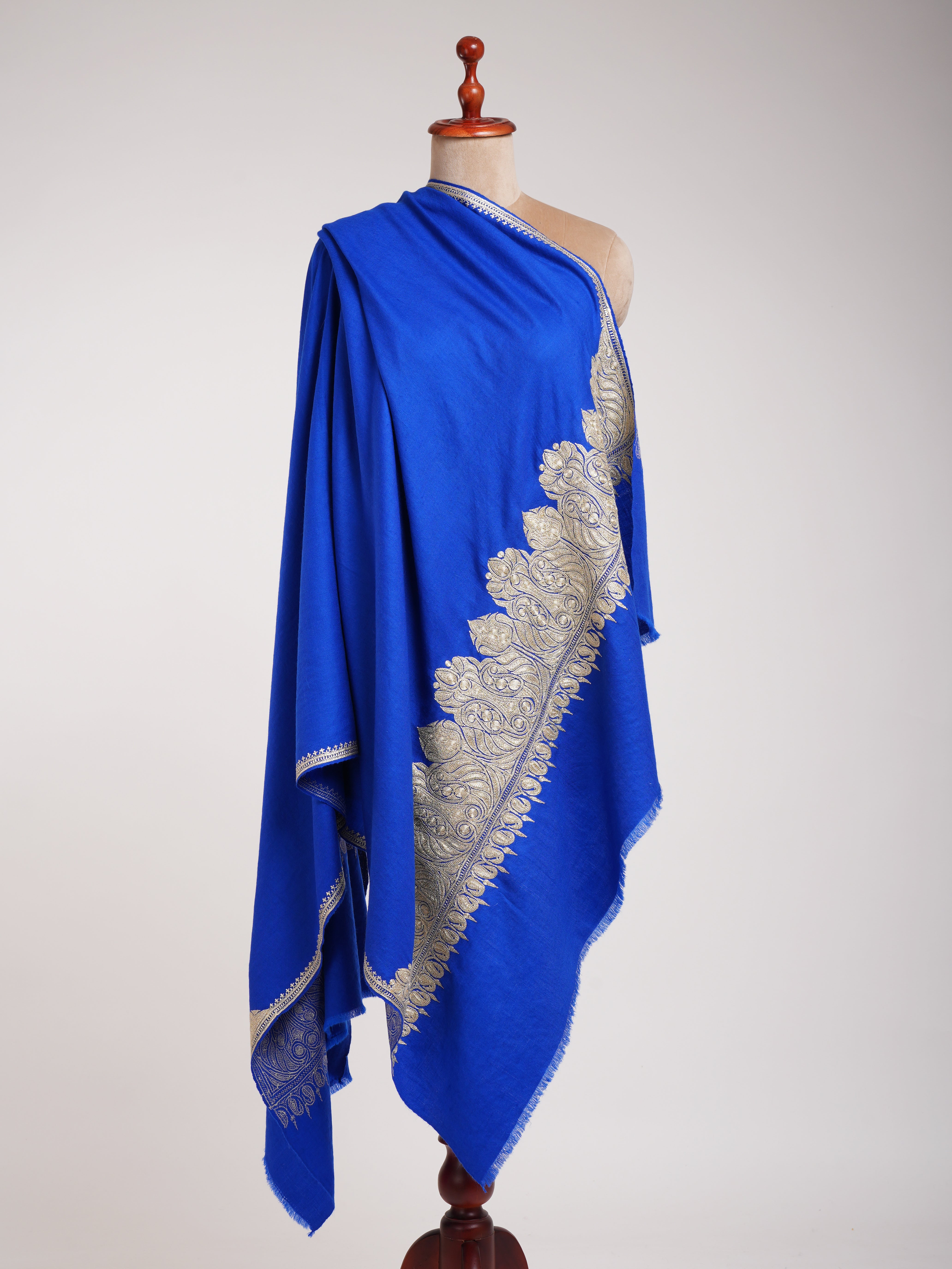 Blue Pashmina Shawl with Water Gold tilla Embroidery.