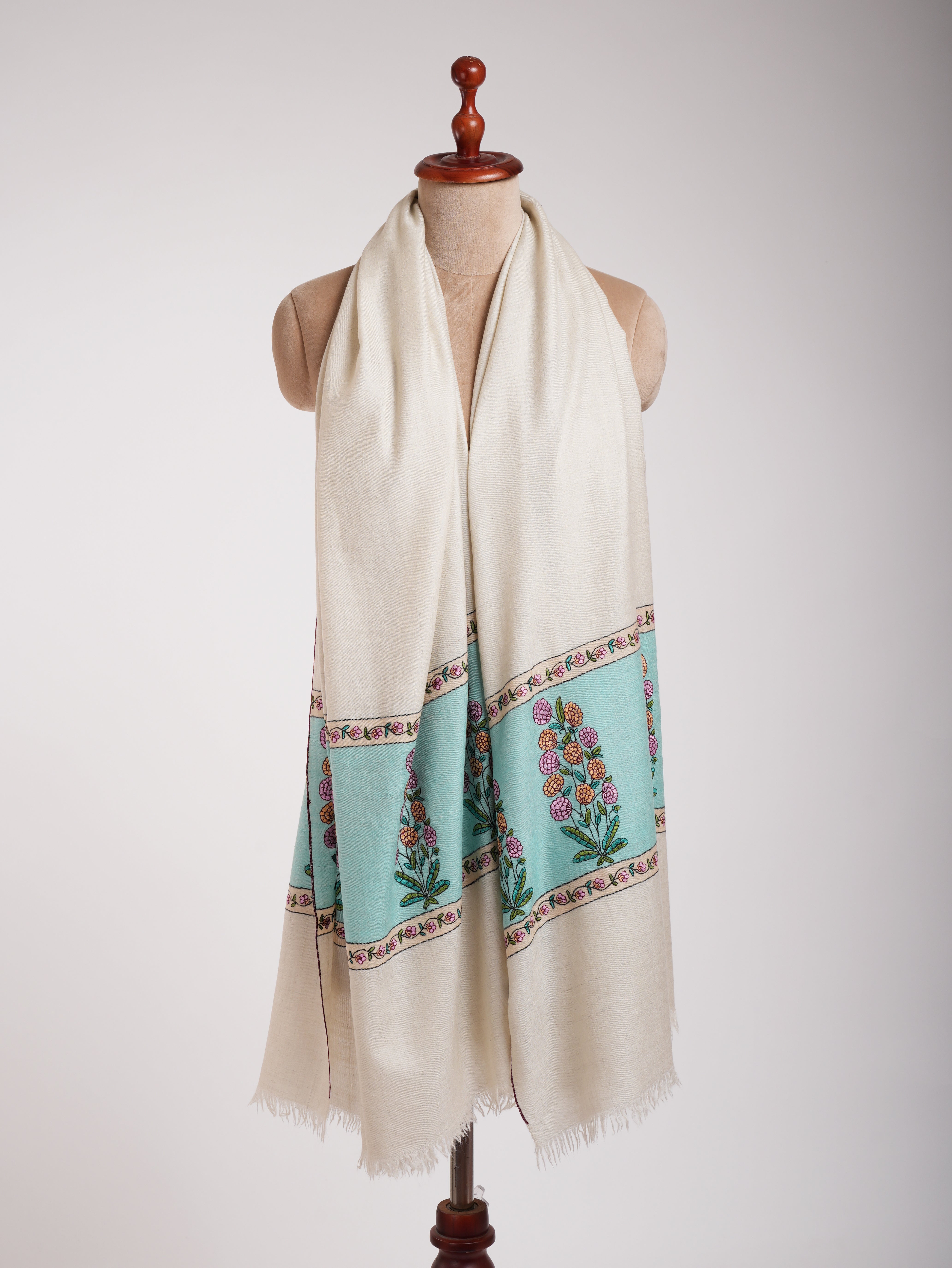 White Pashmina Shawl with Sozni Embroidery