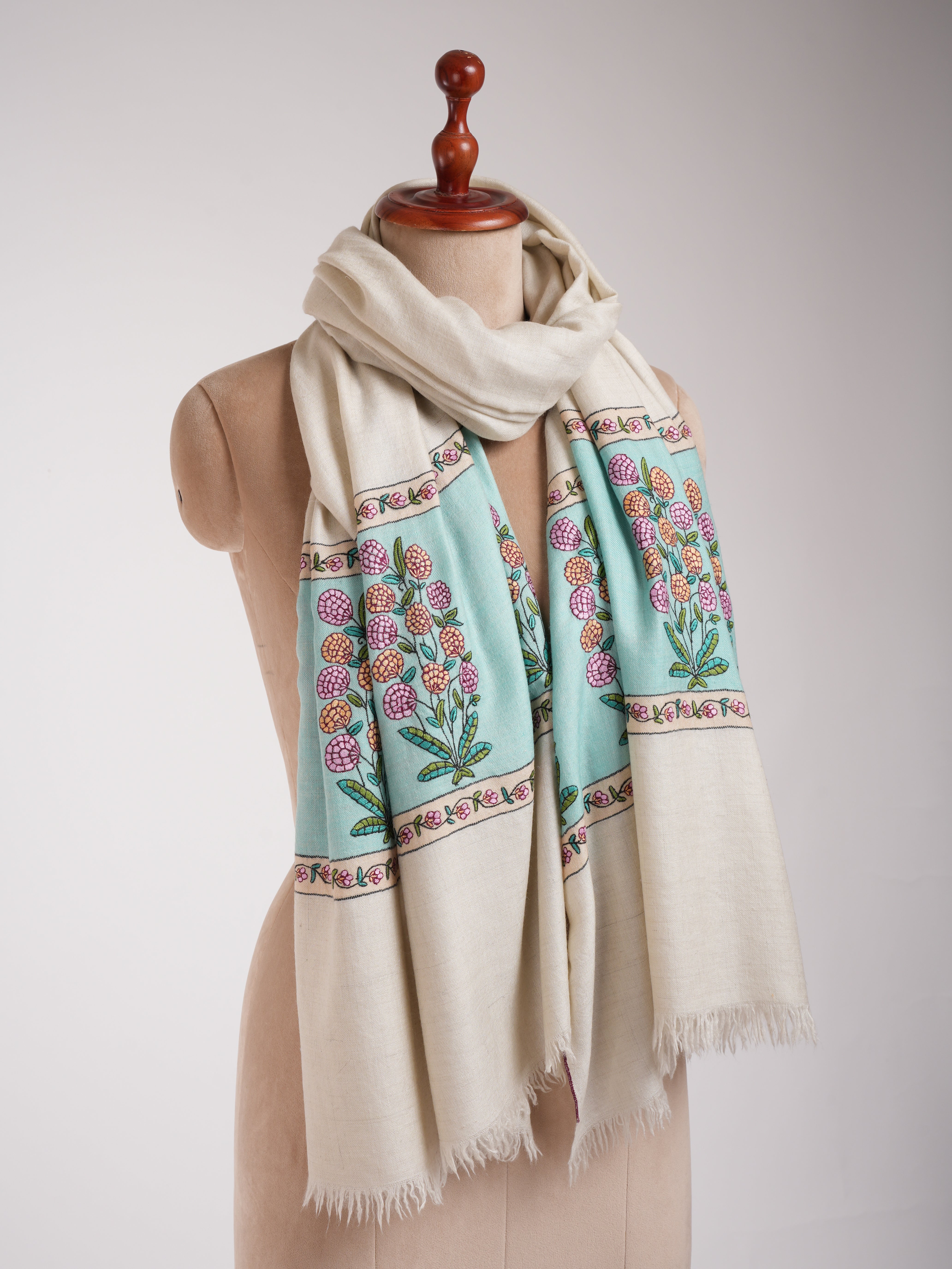 White Pashmina Shawl with Sozni Embroidery