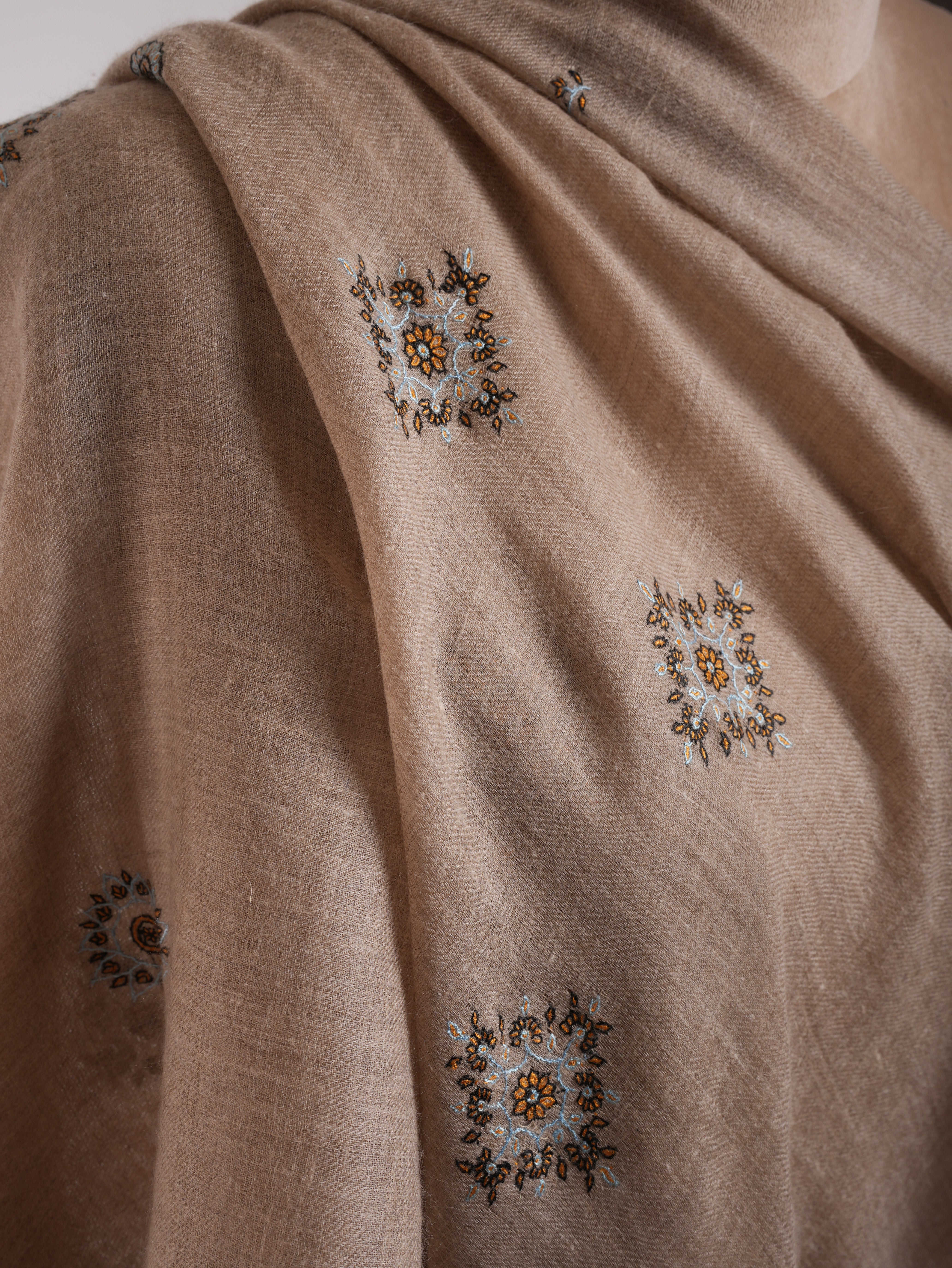 Natural Grey Sozni Embroidered Pure Cashmere