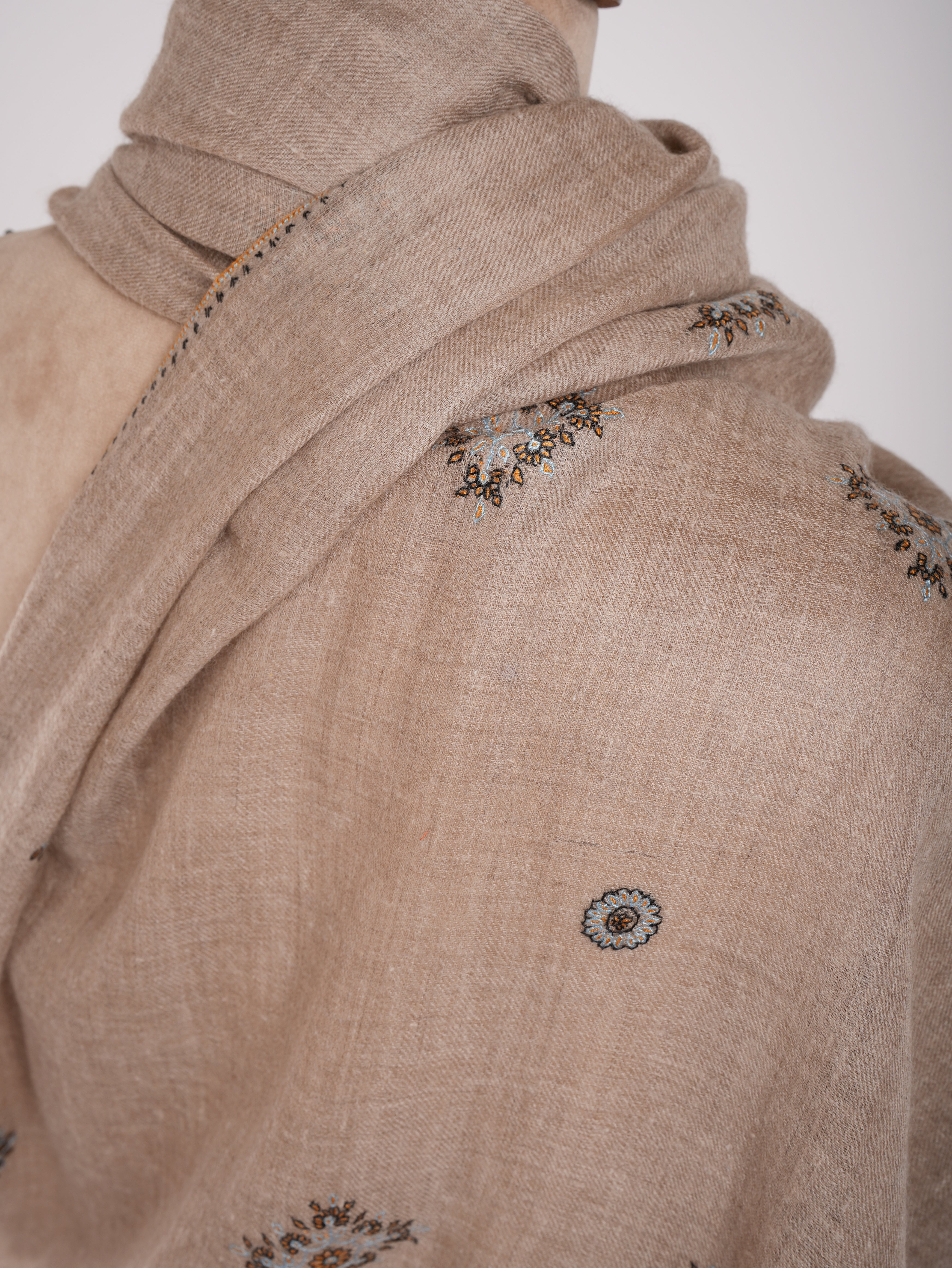 Natural Grey Sozni Embroidered Pure Cashmere