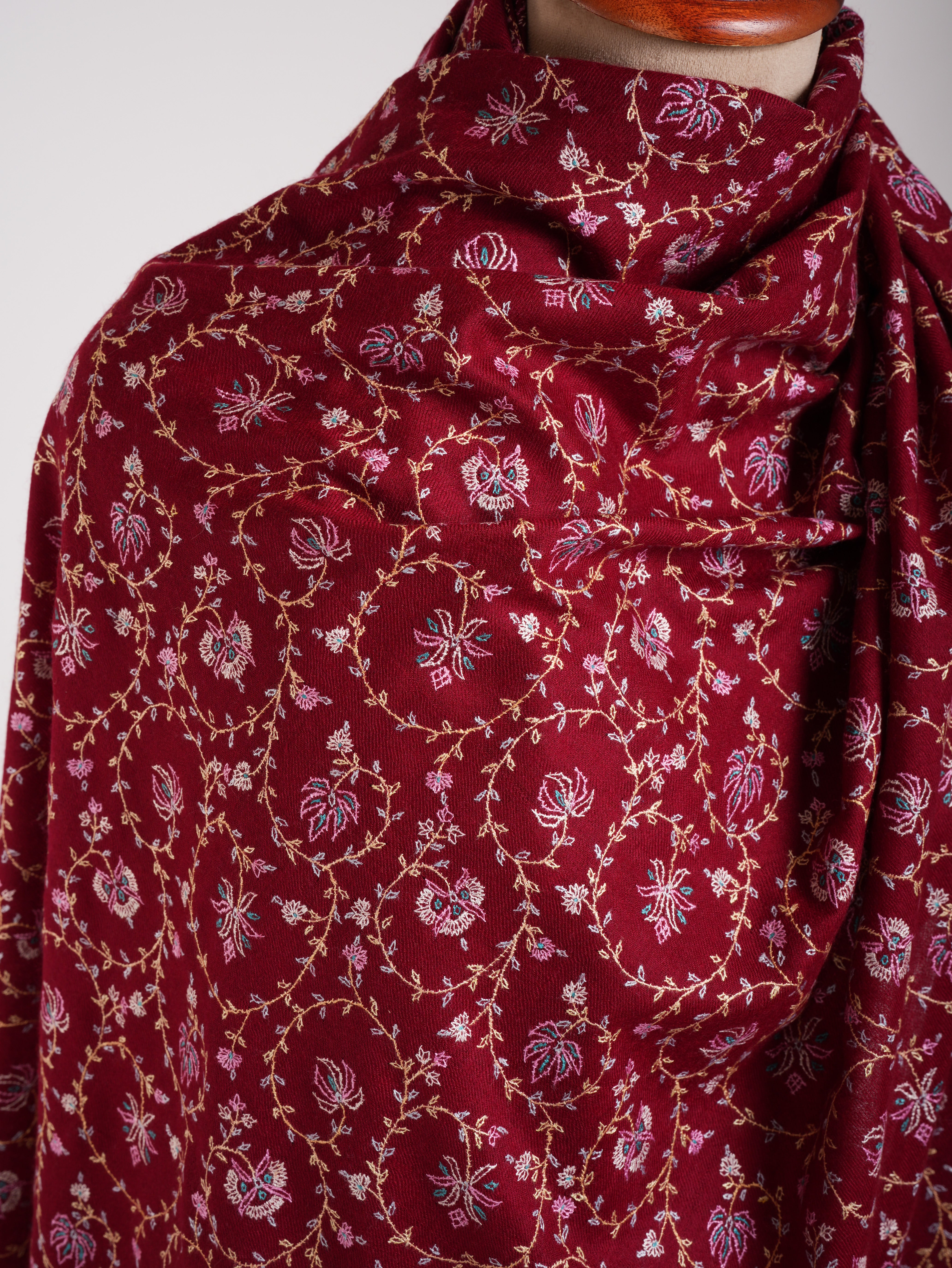 Sozni Embroidered Kashmiri Pashmina Shawl in Maroon