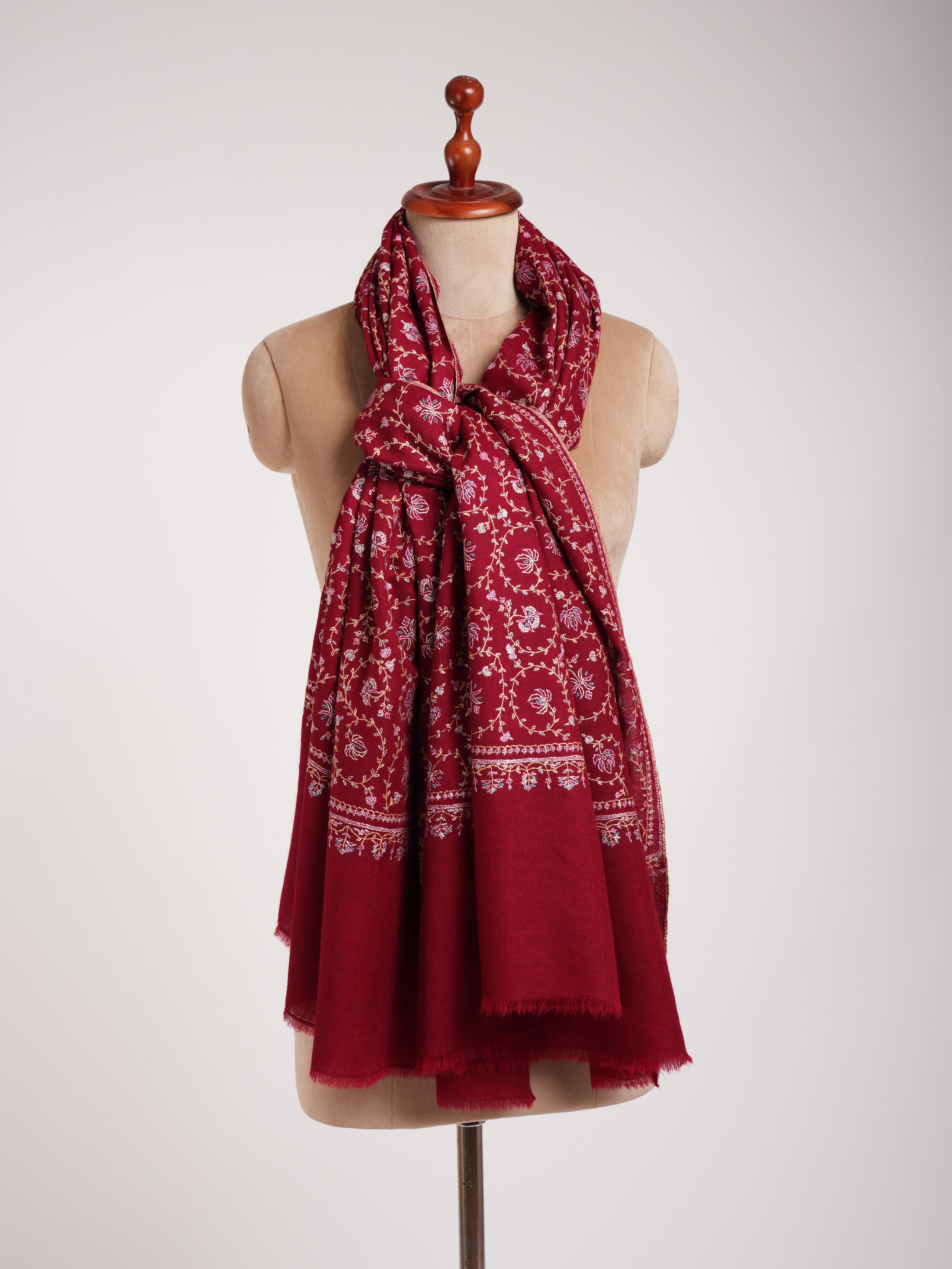 Sozni Embroidered Kashmiri Pashmina Shawl in Maroon