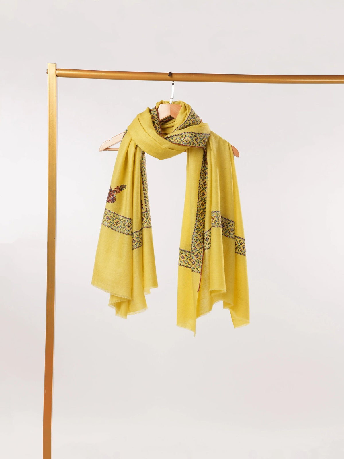 Lemon Yellow Handwoven Pashmina Shawl with Hand Embroidery Shahkaar.com