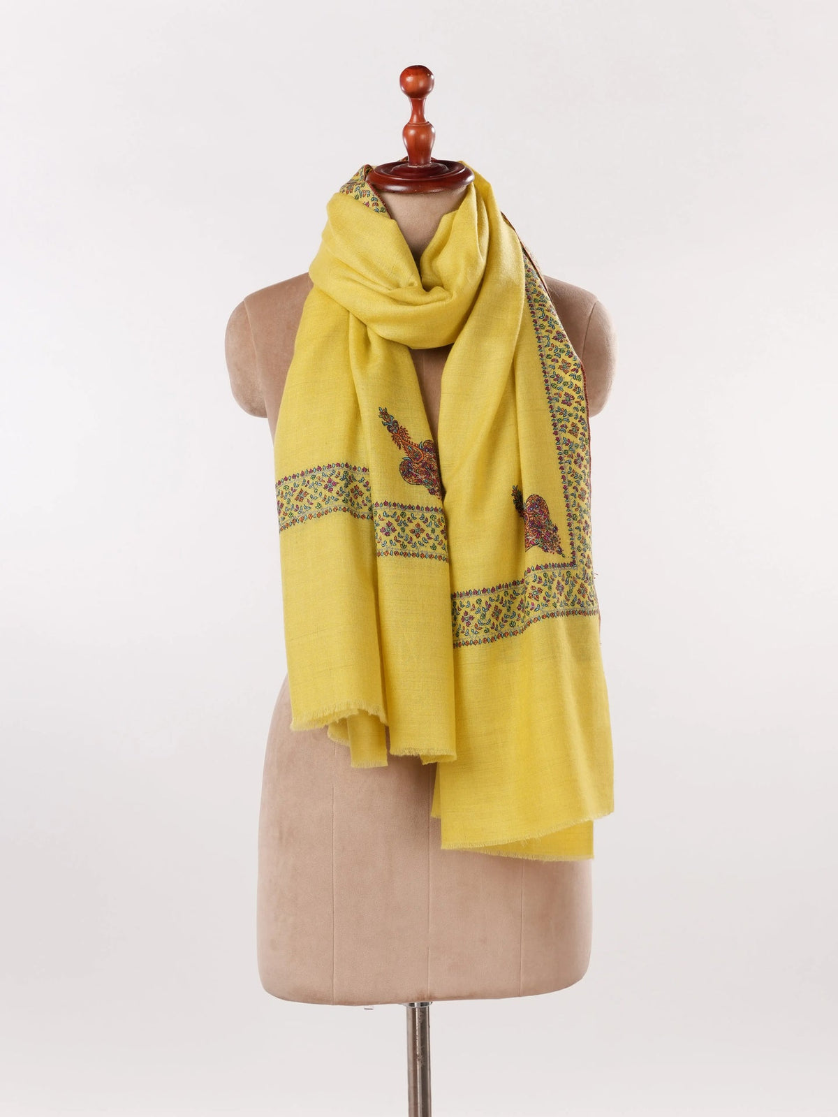 Lemon Yellow Handwoven Pashmina Shawl with Hand Embroidery Shahkaar.com