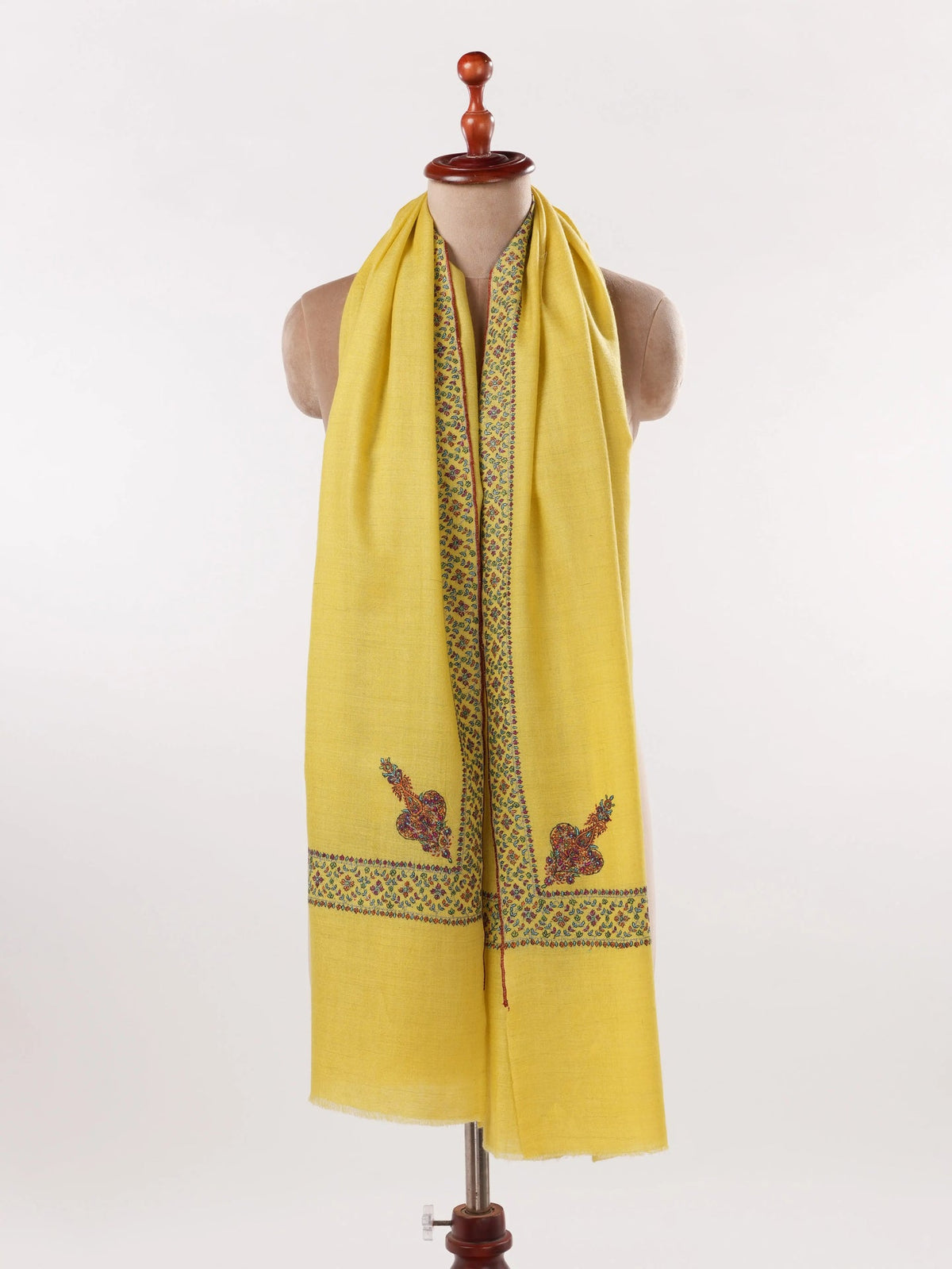 Lemon Yellow Handwoven Pashmina Shawl with Hand Embroidery Shahkaar.com