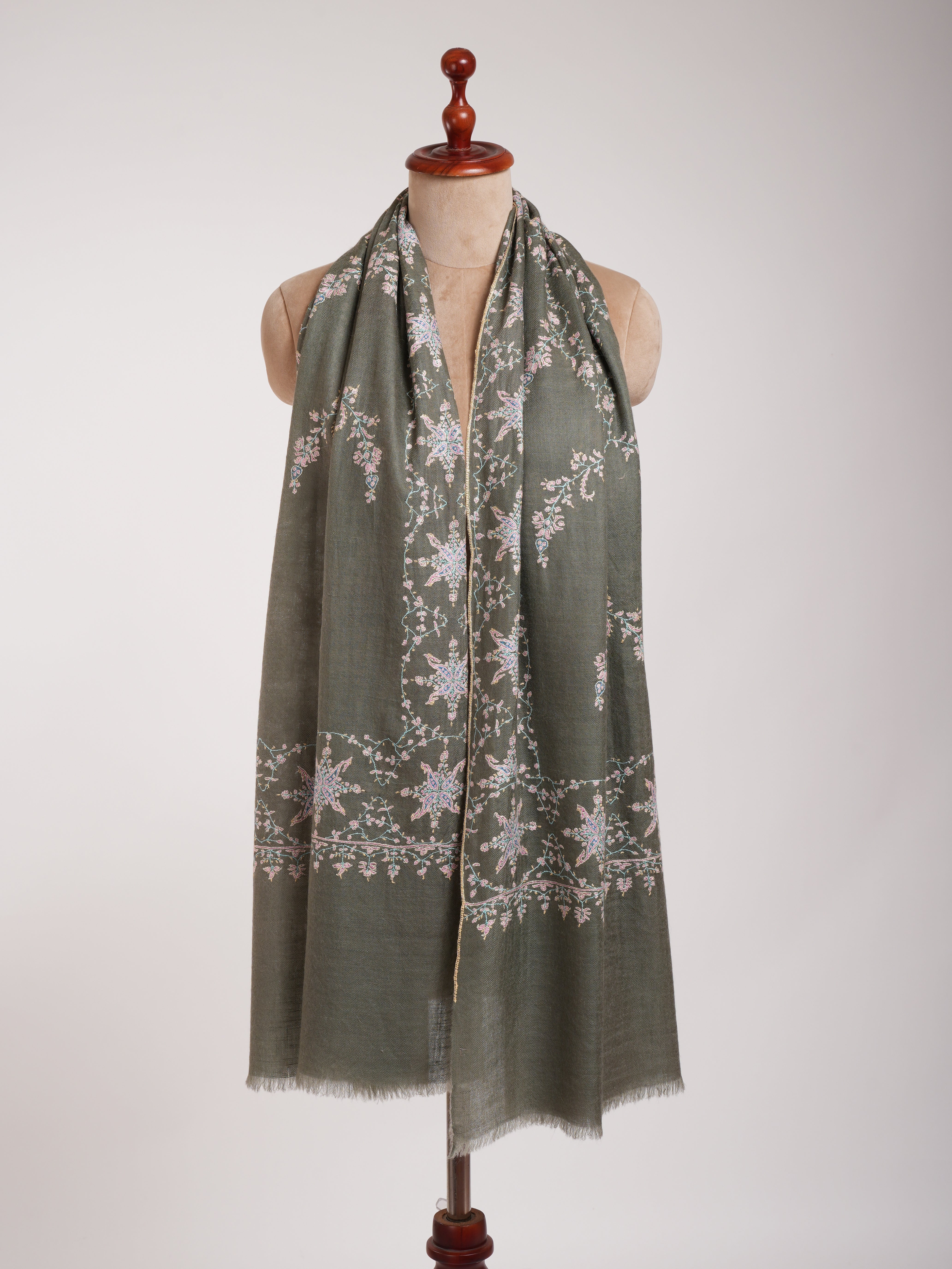 Khaki Green Cashmere Pashmina Sozni Embroidery Kashmiri Wrap