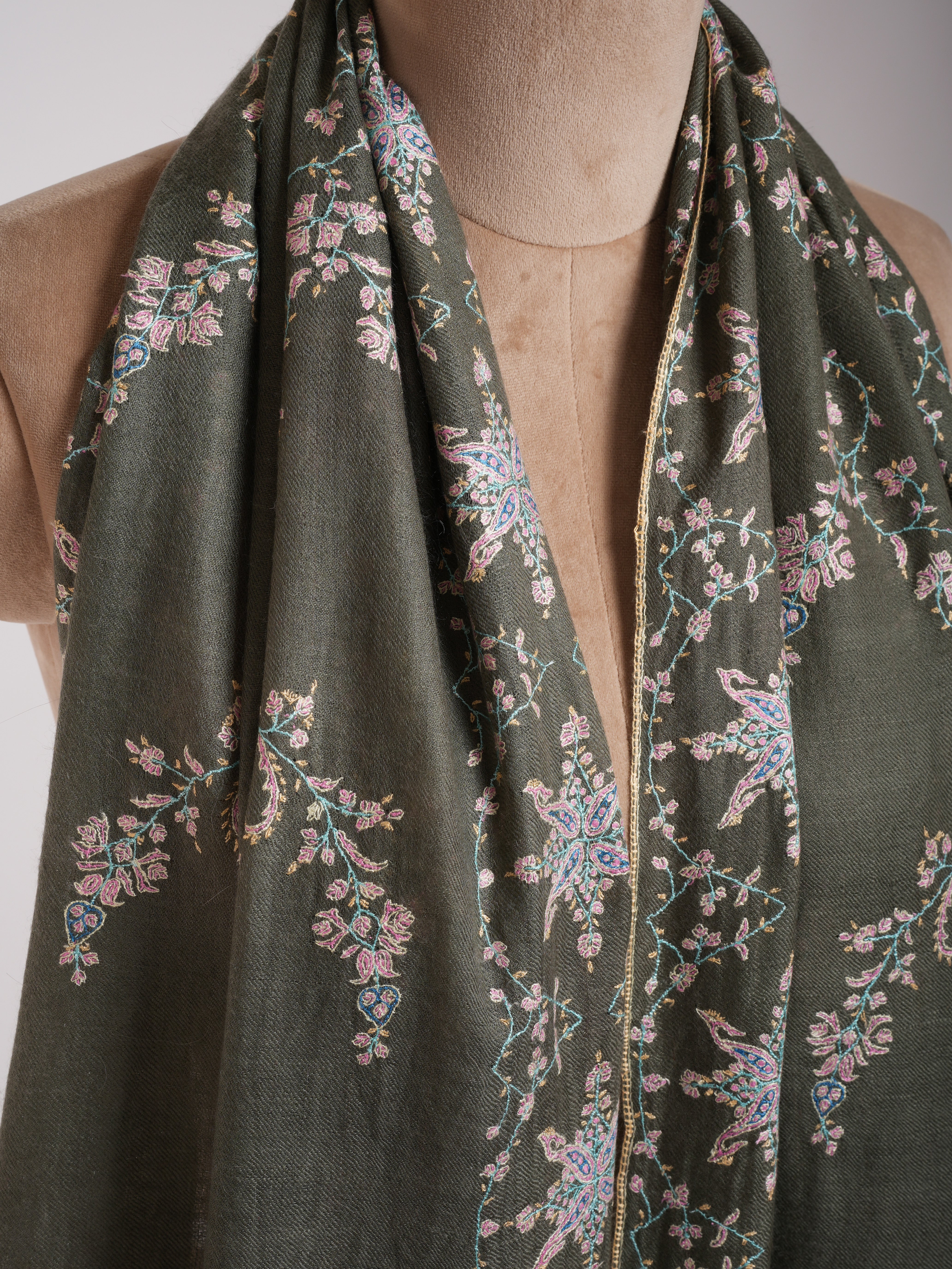 Khaki Green Cashmere Pashmina Sozni Embroidery Kashmiri Wrap