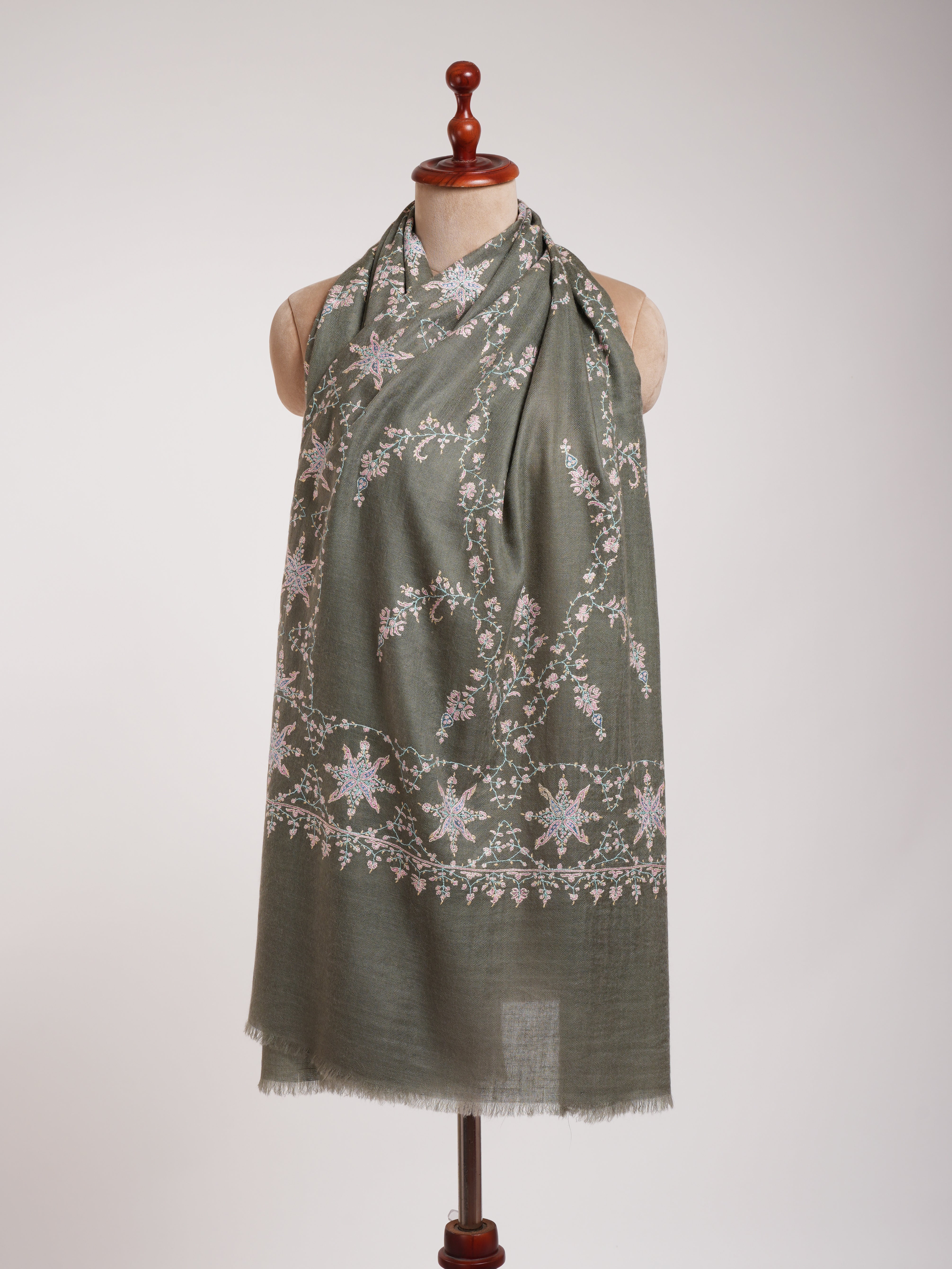 Khaki Green Cashmere Pashmina Sozni Embroidery Kashmiri Wrap