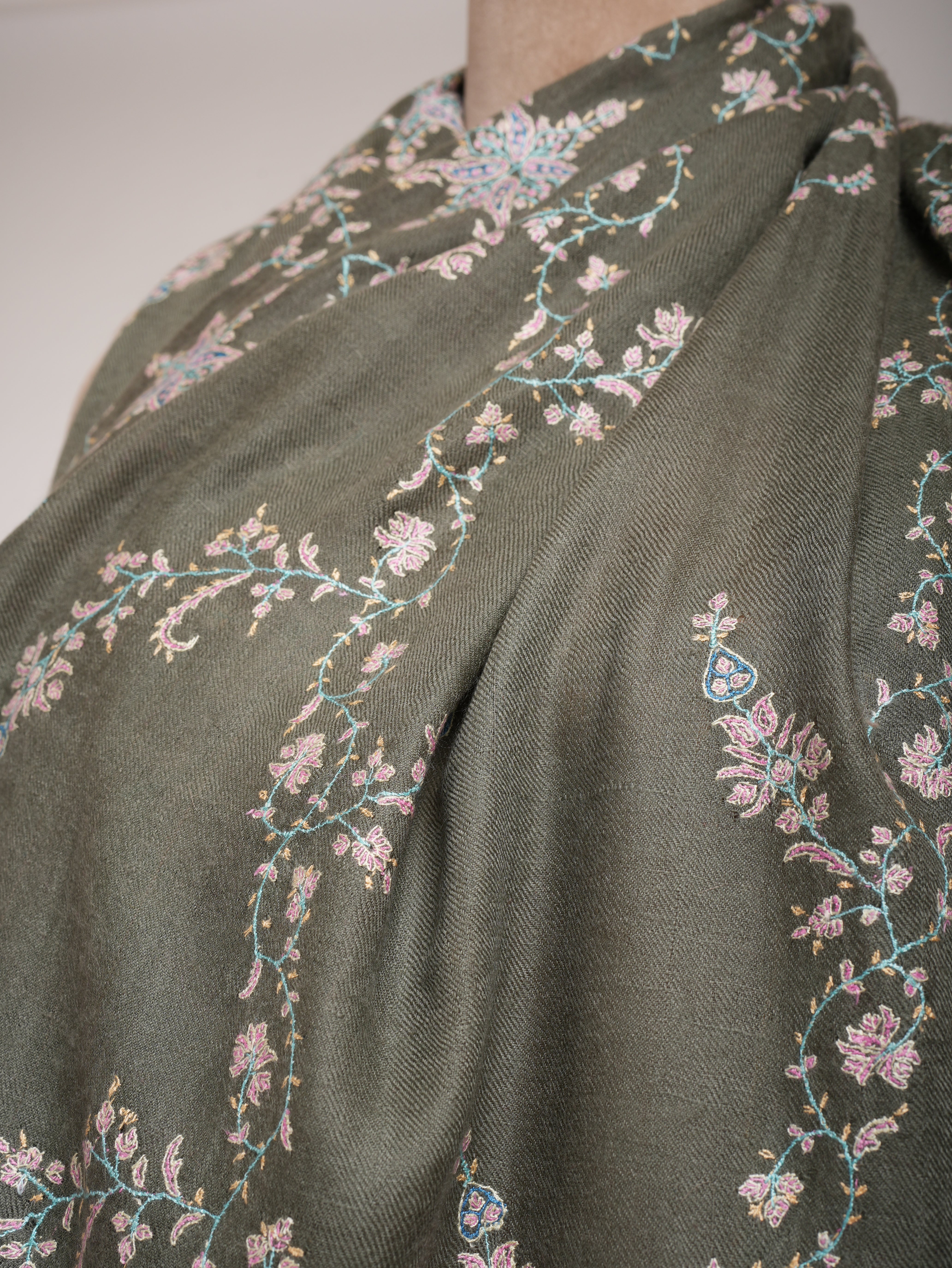 Khaki Green Cashmere Pashmina Sozni Embroidery Kashmiri Wrap