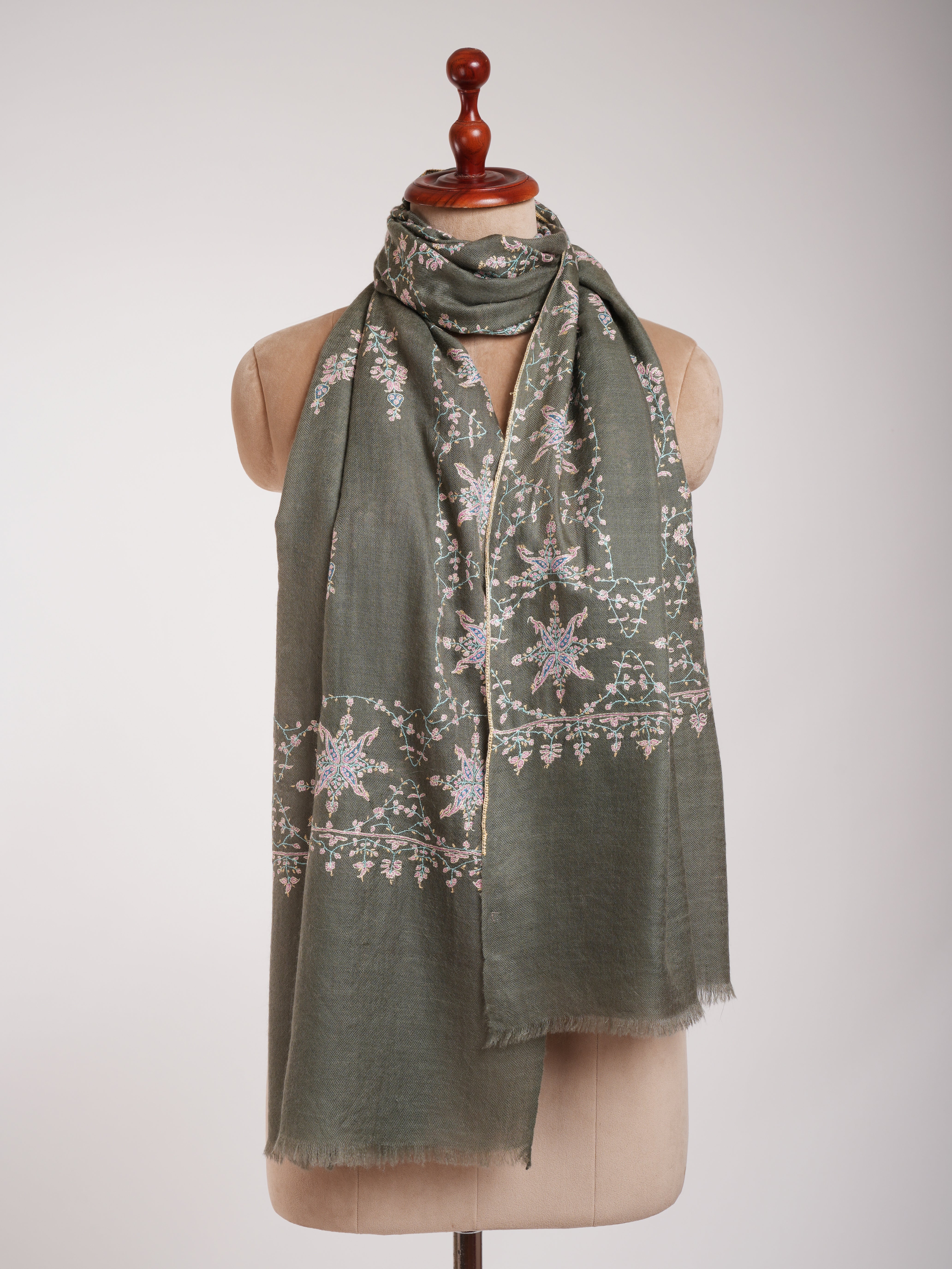 Khaki Green Cashmere Pashmina Sozni Embroidery Kashmiri Wrap