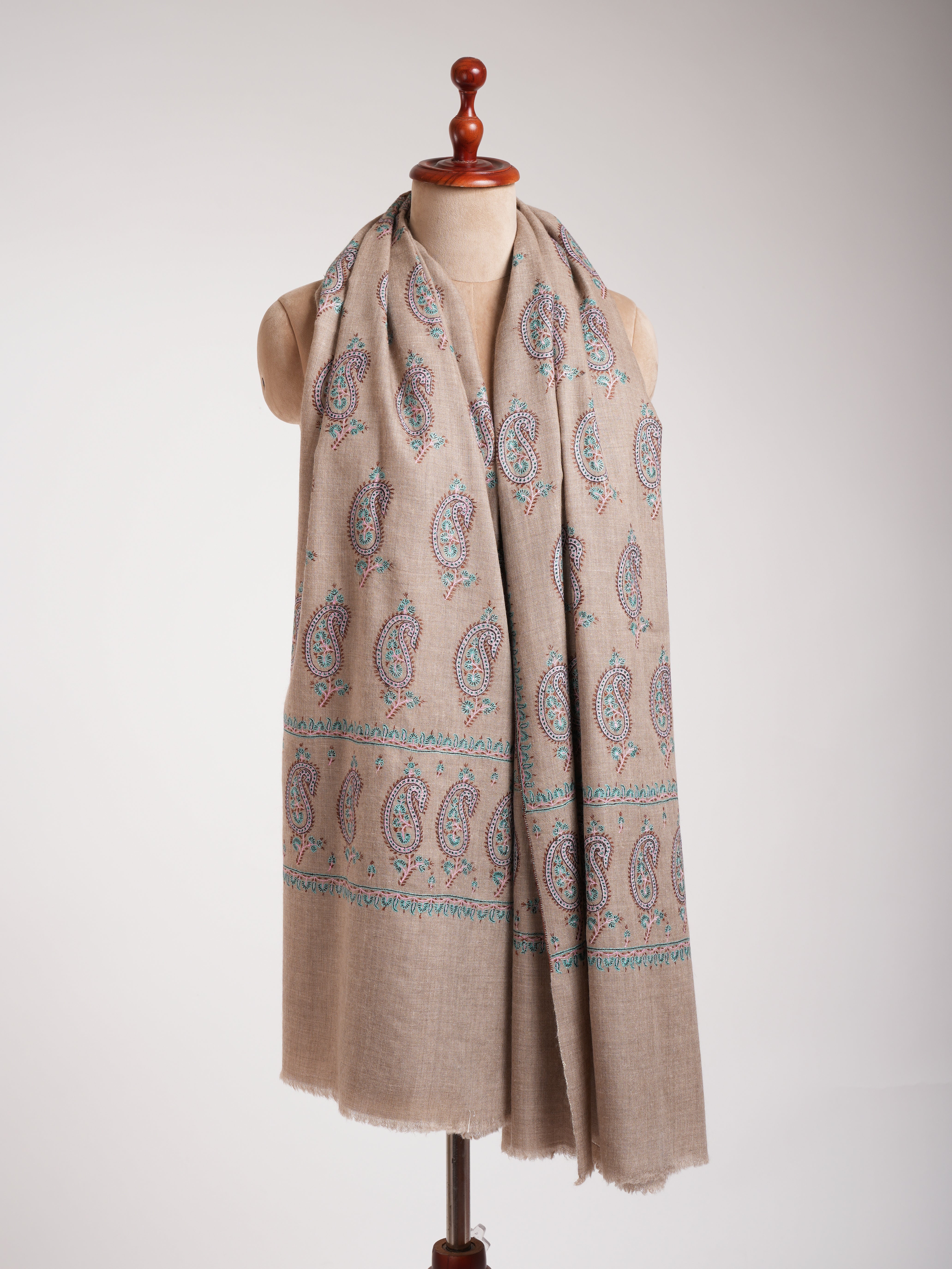 Natural Grey Pashmina Shawl with Paisley Embroidery