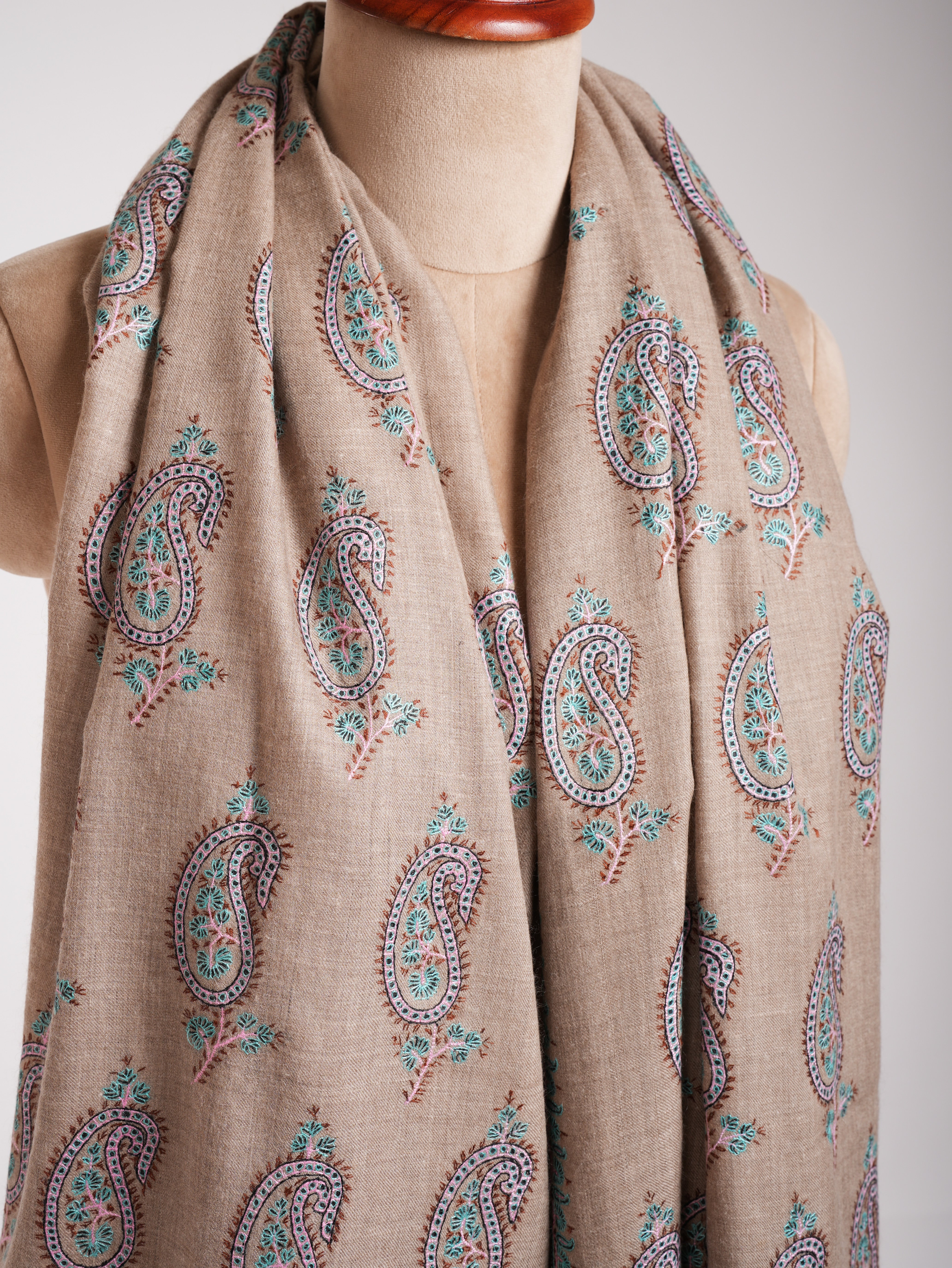 Natural Grey Pashmina Shawl with Paisley Embroidery