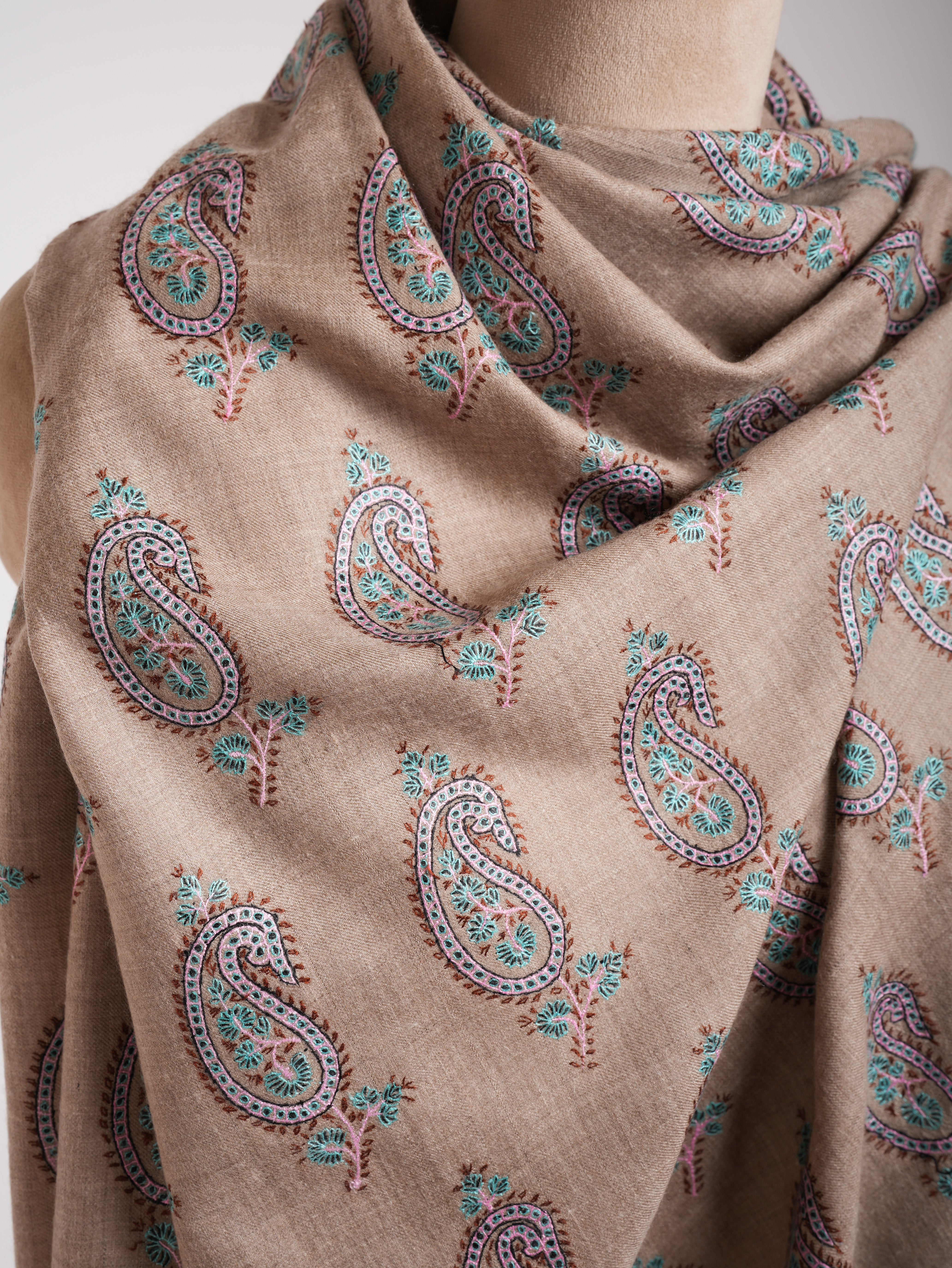 Natural Grey Pashmina Shawl with Paisley Embroidery