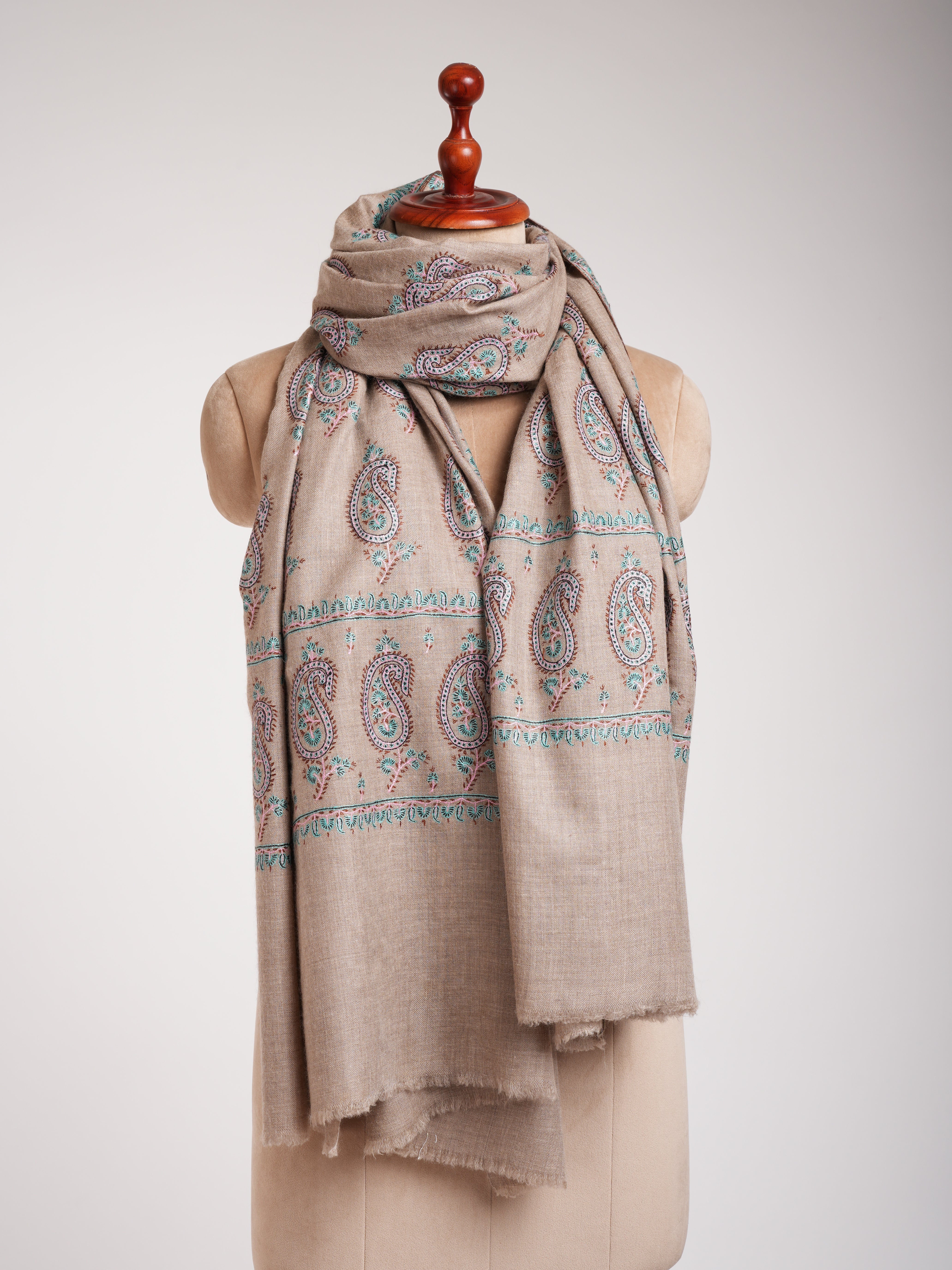 Natural Grey Pashmina Shawl with Paisley Embroidery