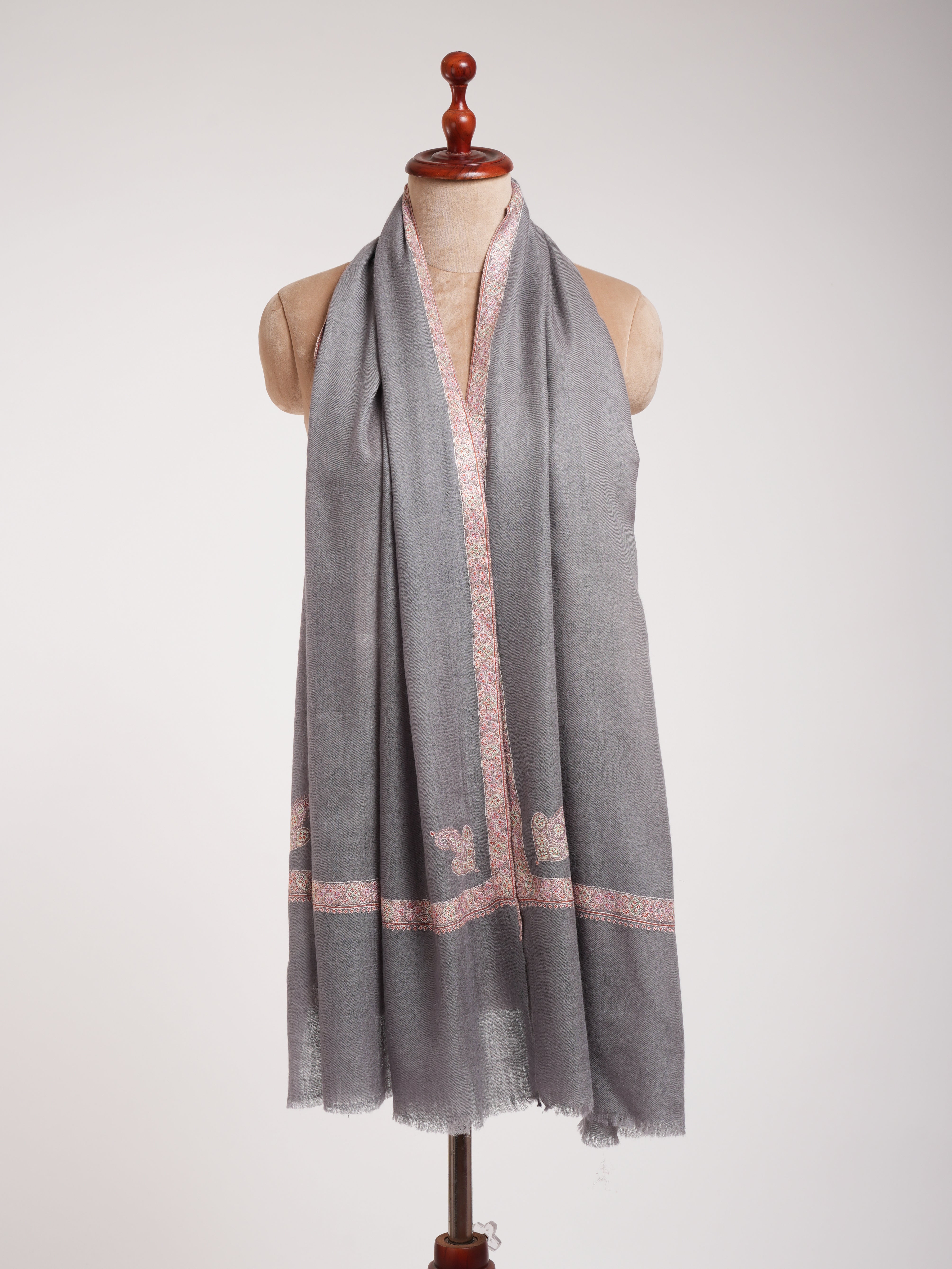 Grey Embroidered Artistic Cashmere Stole